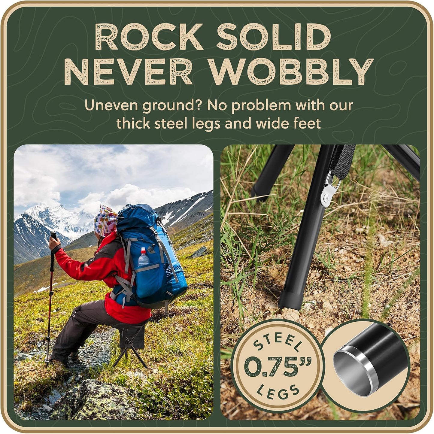 Foldable Tripod 13.4'' Stool - Ultra Portable Seat, Best for Youth+Pocket - 1 lb Camping Stool, 3 Legged Strong Steel Stool, Height: 13.4 inches (Black)