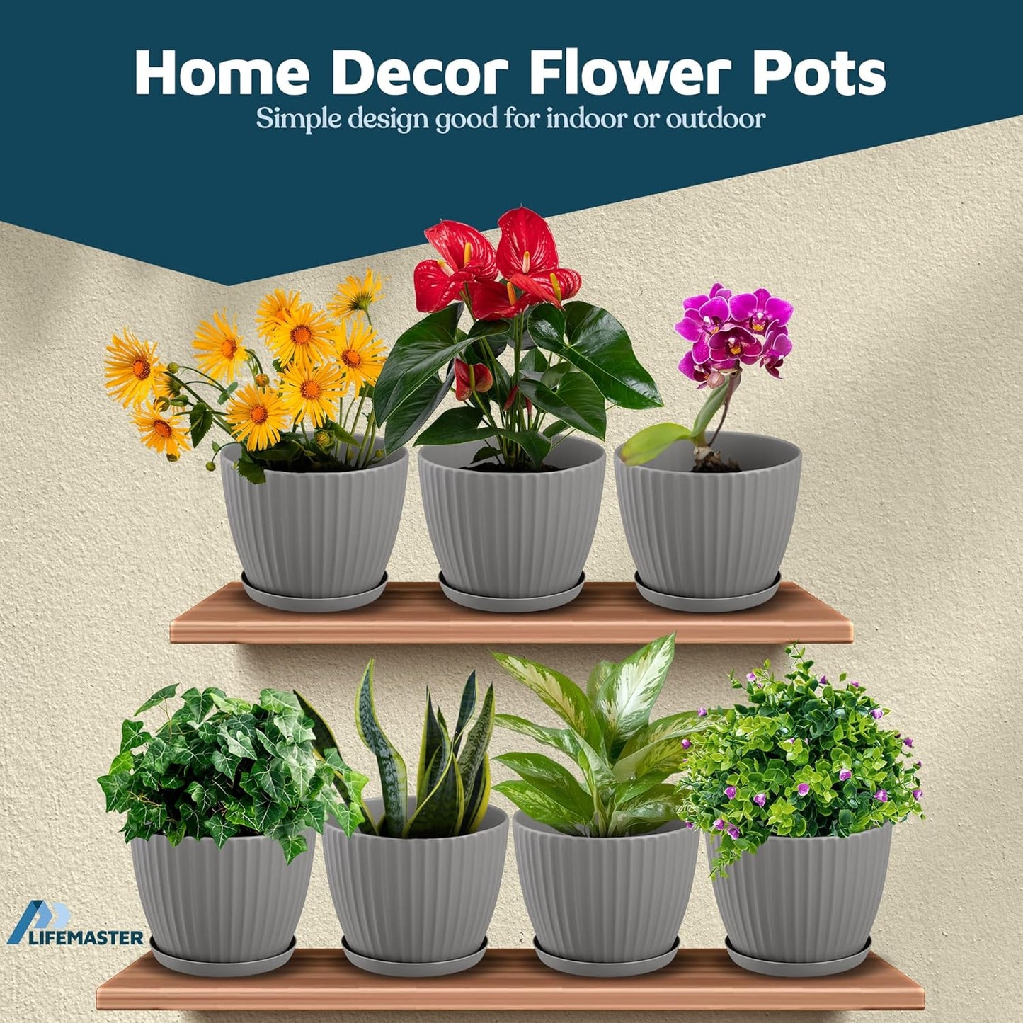 Gray 6-Inch Plant Pots with Drainage & Saucers 18 Pack, Indoor & Outdoor Planters for Houseplants, Herbs, and Flowers, Durable & Weatherproof Material, Stackable, Lightweight, Minimalist Design