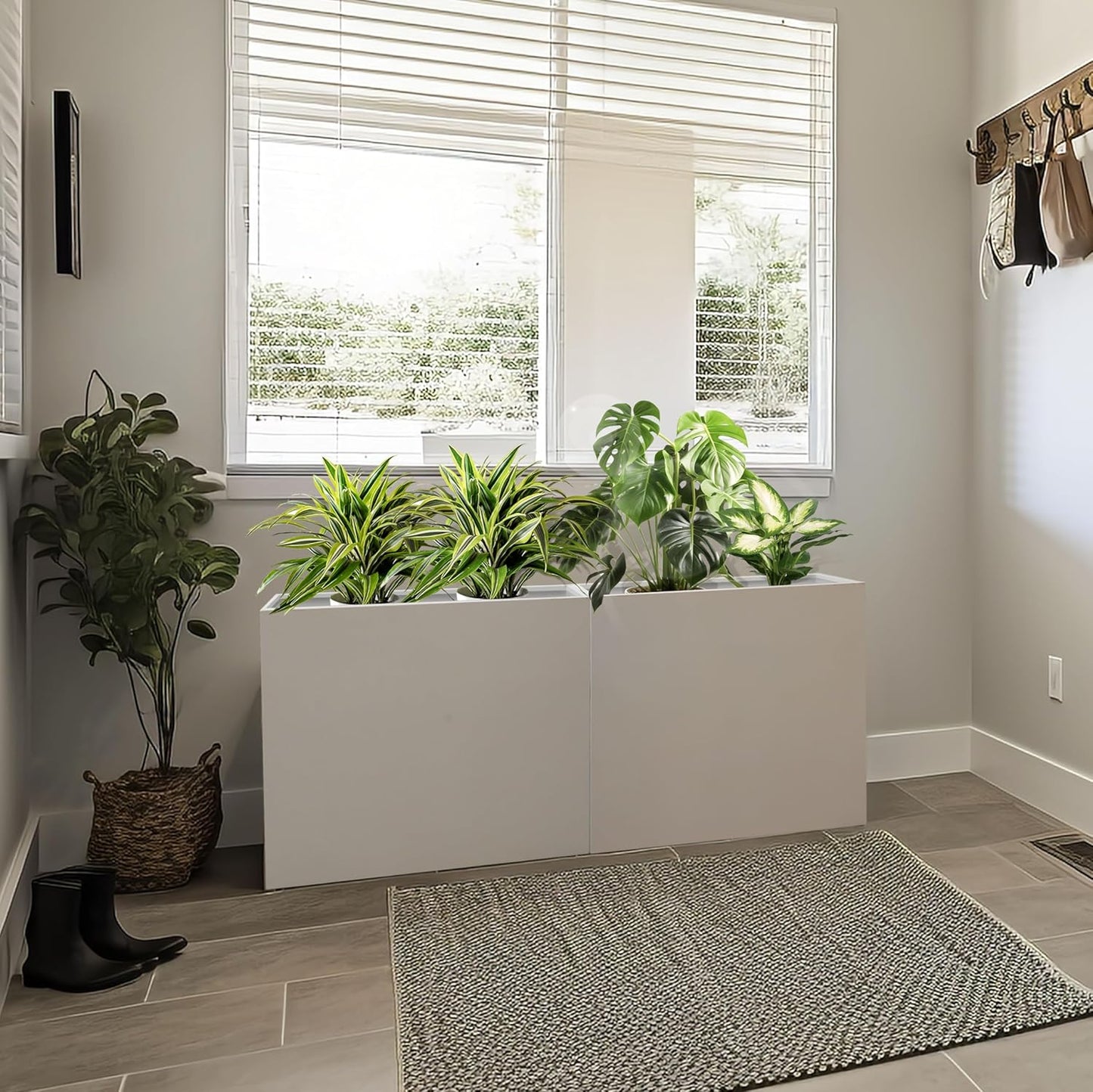 Galvanized Steel Metallic Heavy Planter for Outdoor Plants Metal Outdoor Planter Spliced Flower Box with Partitions for Outside,Indoor,Garden (White, 24 * 10 * 24)