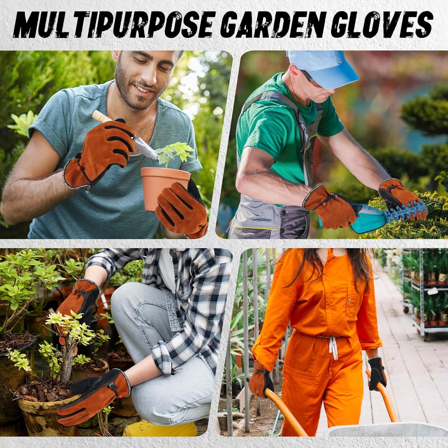 HLDD HANDLANDY Leather Work Gloves for Men & Women, Adjustable Wrist Cowhide Gardening Glove with Reinforced Palm for Driver