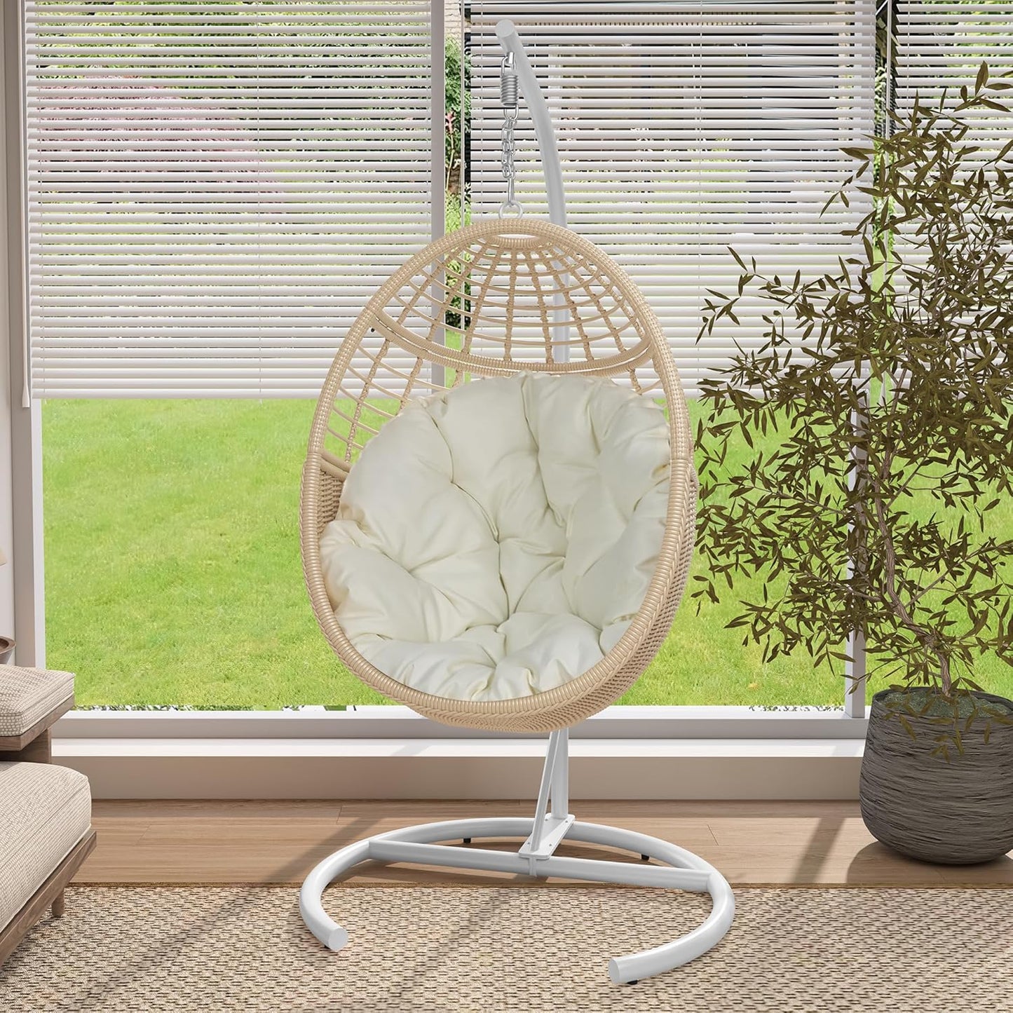 TWT Egg Swing Chair with Stand Hanging Egg Chair Outdoor - Rattan Wicker Patio Hanging Basket Chair Hammock Chair with Metal Frame and UV Resistant Cushion for Indoor Bedroom Balcony (Beige)