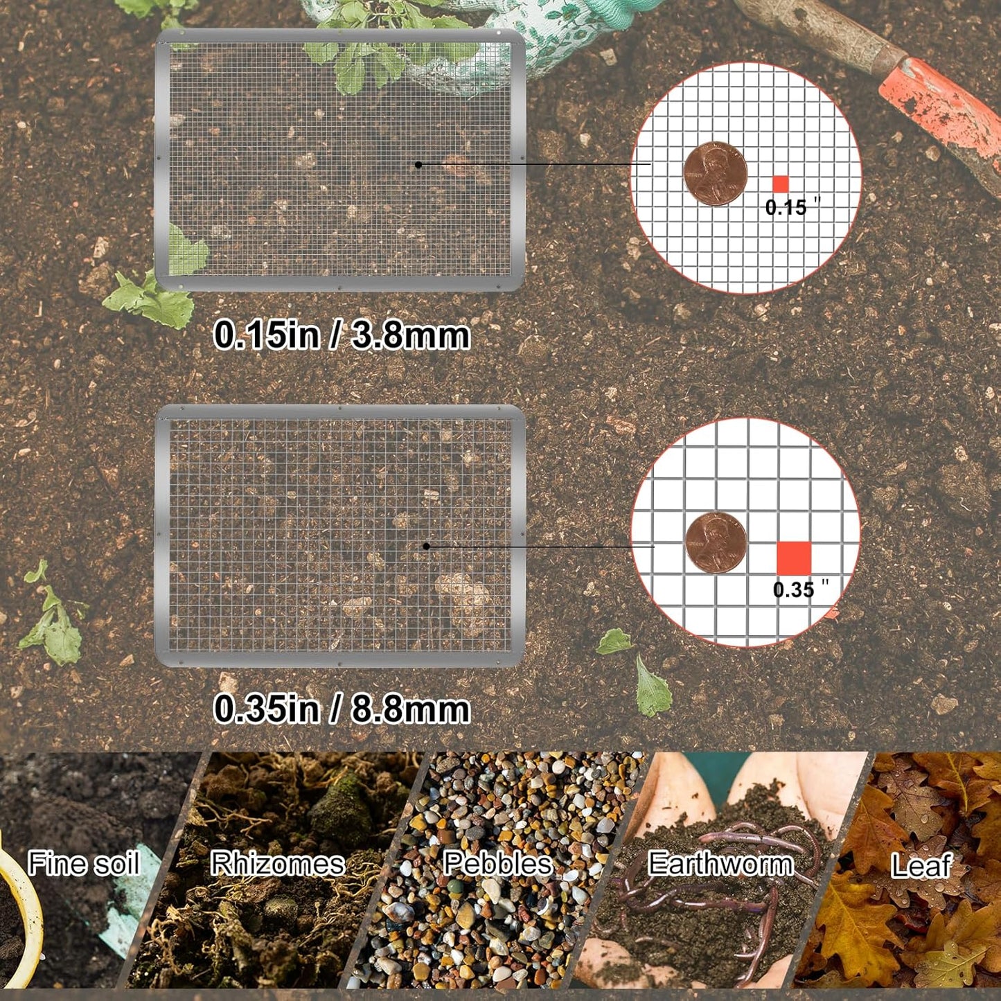 Soil Sifter 13.8"x10.2" for Garden: Wooden Dirt Sifter Replaceable Iron Mesh(0.15" & 0.35"), Multipurpose Handheld Compost Rock Sifter for Flowers, Fruit, Vegetable Plant Pots Gardening Tools