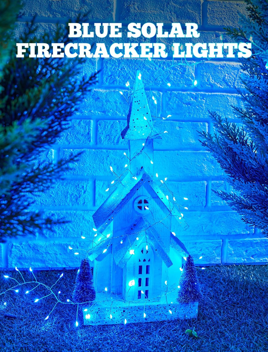 Brightown Solar Lights for Outside, 19.6Ft 240 LED Solar String Lights Outdoor Waterproof, 8 Modes Firecracker Balcony Lights for Tree Patio Christmas Party Wedding Decor (Blue)