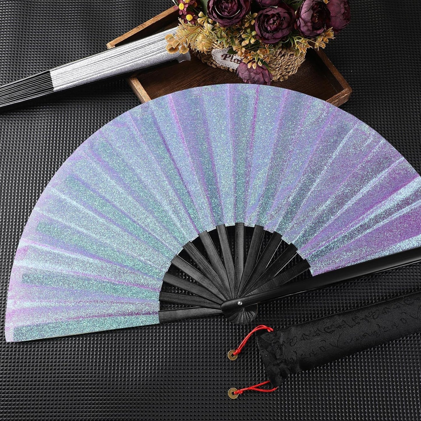 Maitys 2 Packs Large Clap Fans for Line Dancing Large Chinese Folding Hand Fans for Men and Women, Festival, Tai Ji, Kungfu, Martial Art, Gifts (Glitter Sliver and Purple)