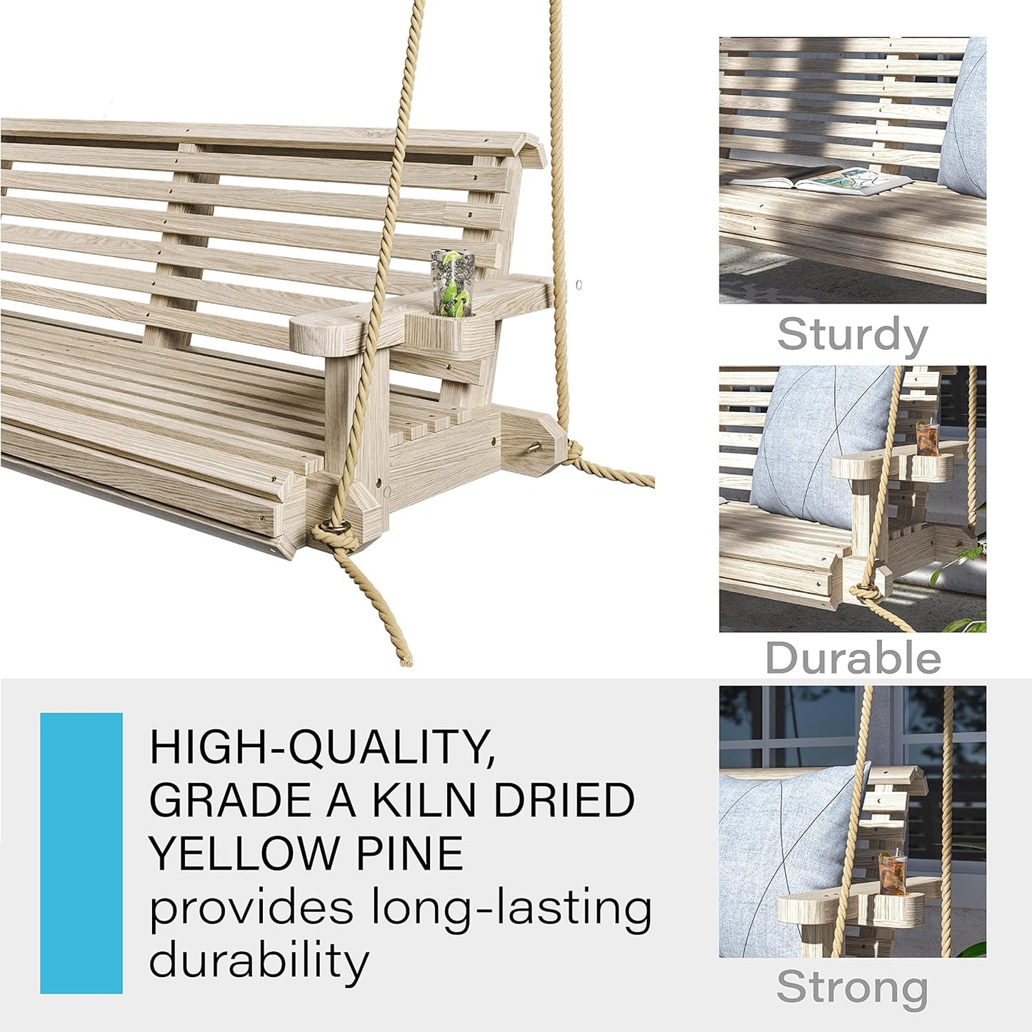 Porchgate Amish Heavy Duty 800 Lb Roll Comfort Treated Porch Swing W/Ropes (4 Foot, Unfinished)