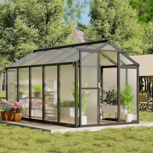 Greenhouse, 6x10 Ft Outdoor Greenhouses with Roof Vents and Sliding Doors, Aluminum Frame Polycarbonate Accessible Greenhouses, Suitable for Outdoor Gardens and Backyards, Black