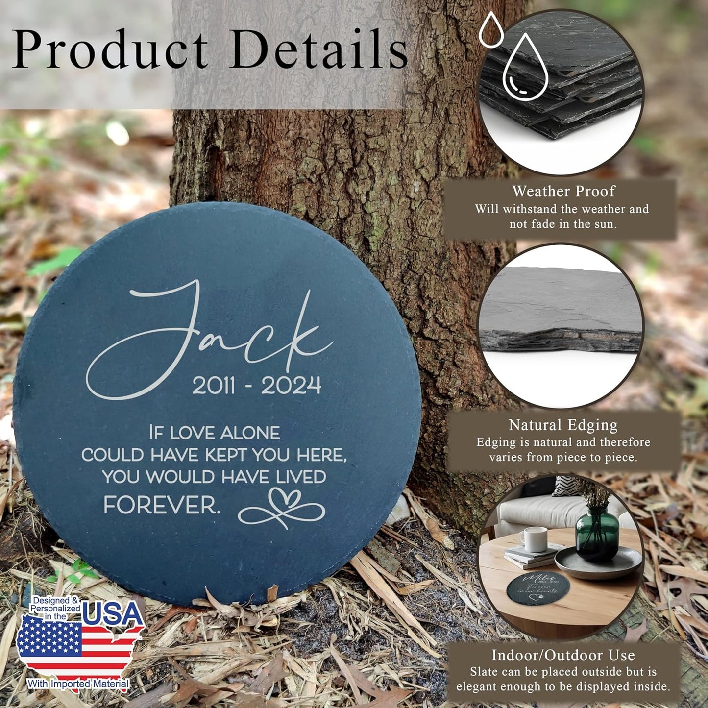 Personalized Pet Memorial Stone for Dogs and Cats | Custom Laser-Etched Weatherproof Garden Grave Marker | Natural Stone Bereavement Headstone Sympathy Gift | 4, 6, 10, or 12 Inch Heart or Circle Shape (A6)