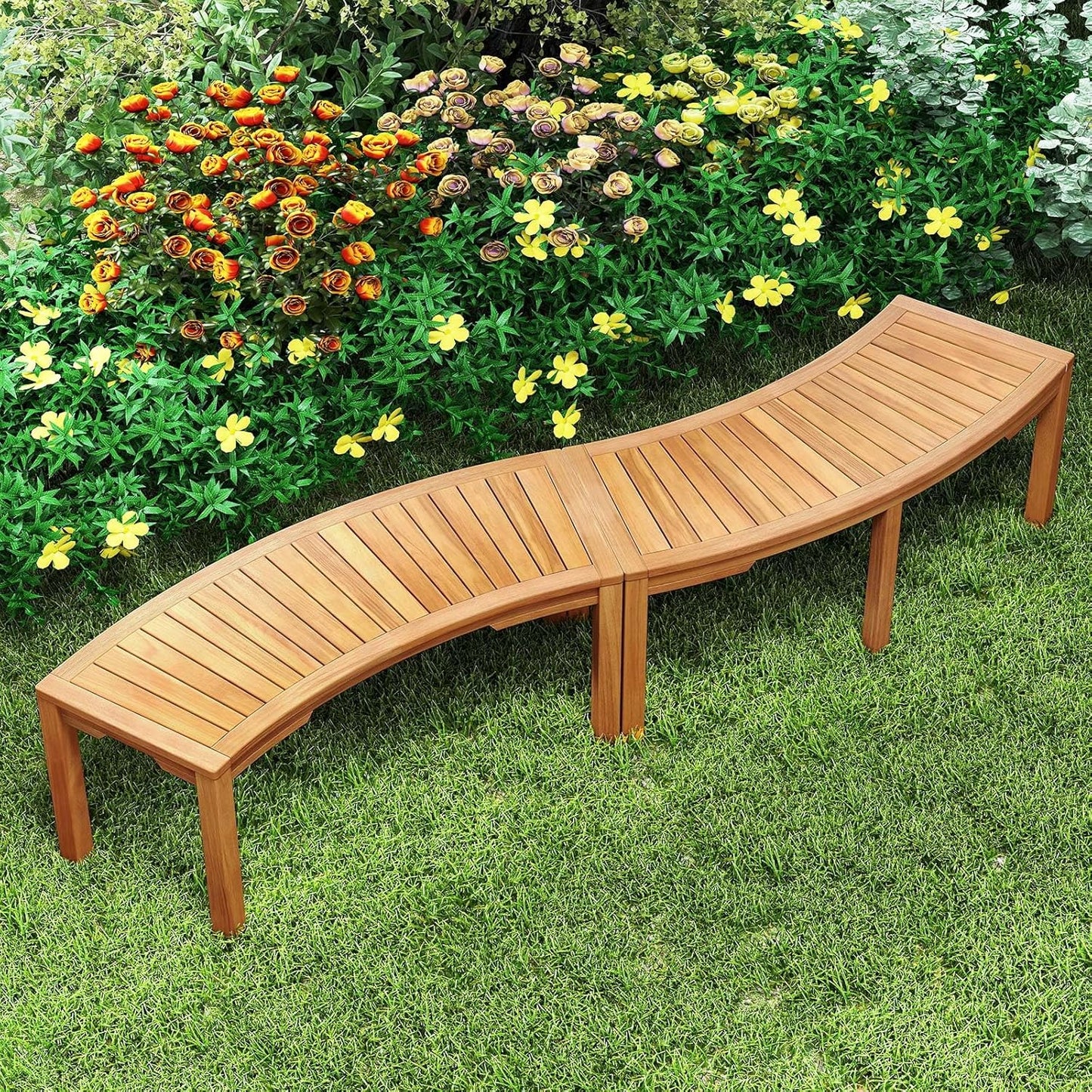 Tangkula Outdoor Curved Bench, Acacia Wood Fire Pit Bench w/Slatted Seat, Patio Backless 2-Person Seating for Porch, Yard, Garden, 800 LBS Max Load, Oil Painted (2, 45")