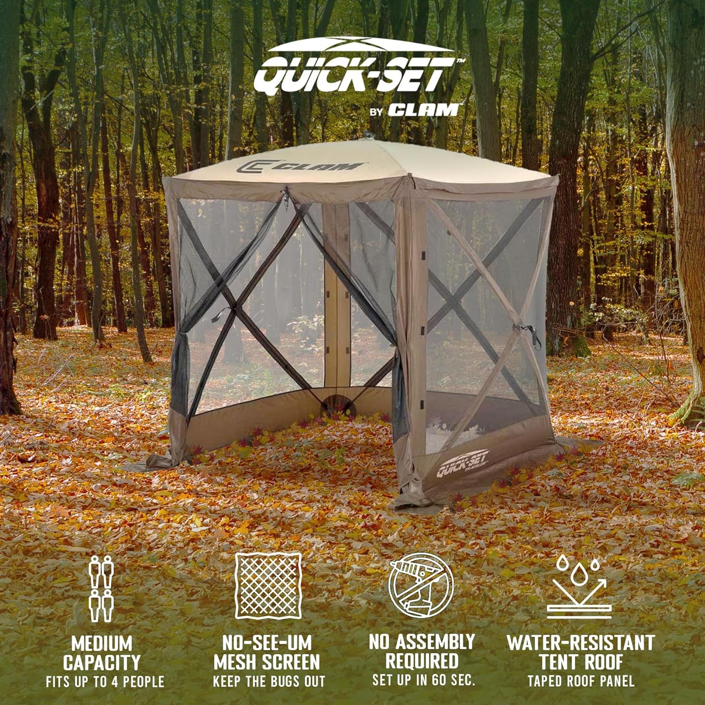 CLAM Pop Up Screen Tent, Outdoor Camping Gazebo Canopy, Traveler, 6' x 6', Brown