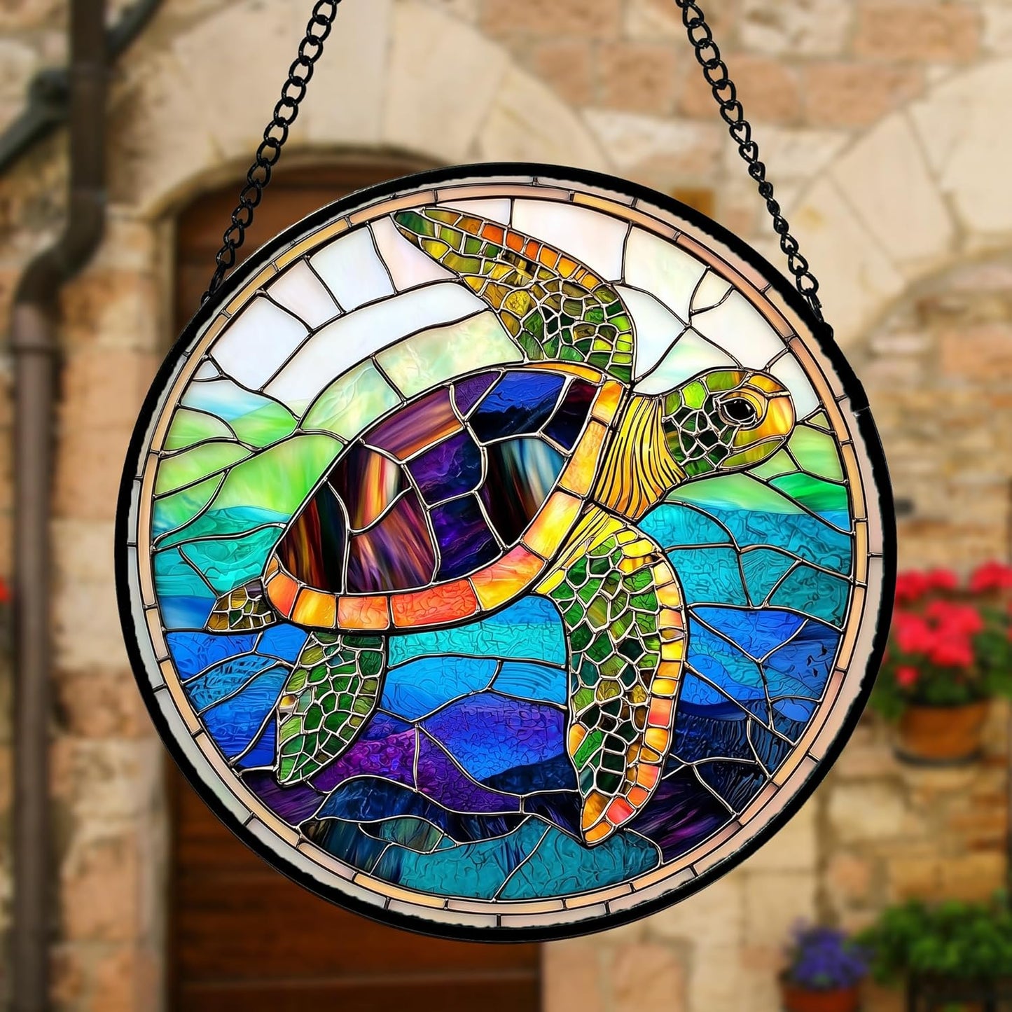 Stained Glass Window Hanging, Colored Turtle Ocean Suncatcher Diamond Glass Panel Hangings Marine Life Sun Catchers Decor for Birthday for Women, Men, Wife, Aunt, Mom 15x15 in