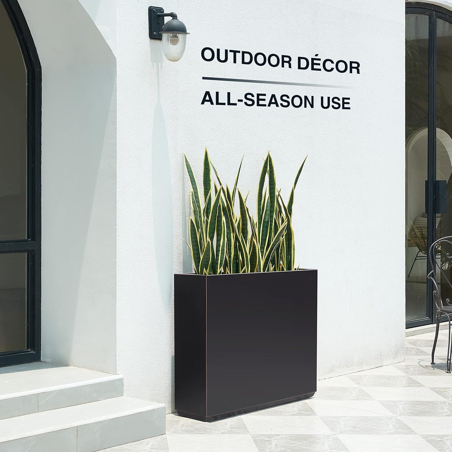 Metallic Heavy Outdoor Planter Box, Span Planter, Pure Black with Hand Brushed Gold Rim, Long and Tall Divider Planter, No Assembly and Seamless, 38”Lx10”Wx30”H 48.8 Pounds