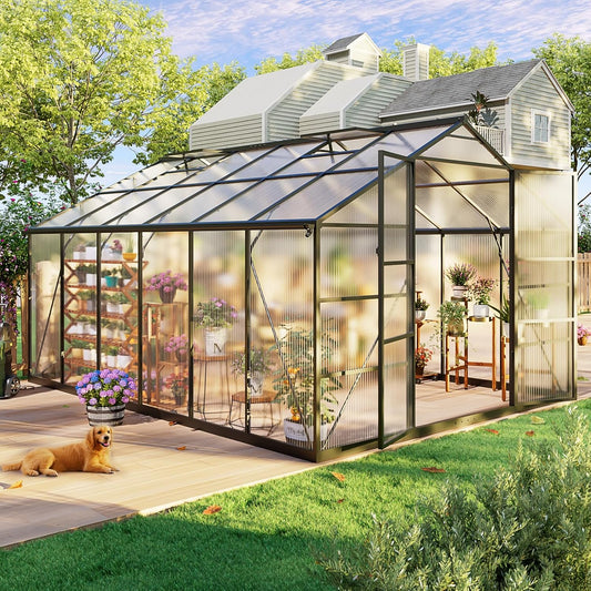 10x12FT Outdoor Greenhouse , Polycarbonate Green House with UV Protection, Heavy Duty Greenhouse with Windproof Aluminum Frame, Roof Vent & Quick-Install Design for Backyard or Garden Use