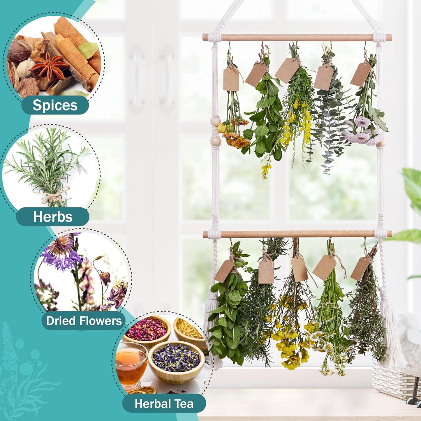 2Tier Herb Drying Rack Flower Drying with 25PCS Brown Gift Tags and 32ft Natural Jute Twine herb Dryer,Herb Drying Rack,Hanging Herb Dryer Rack, Ivory