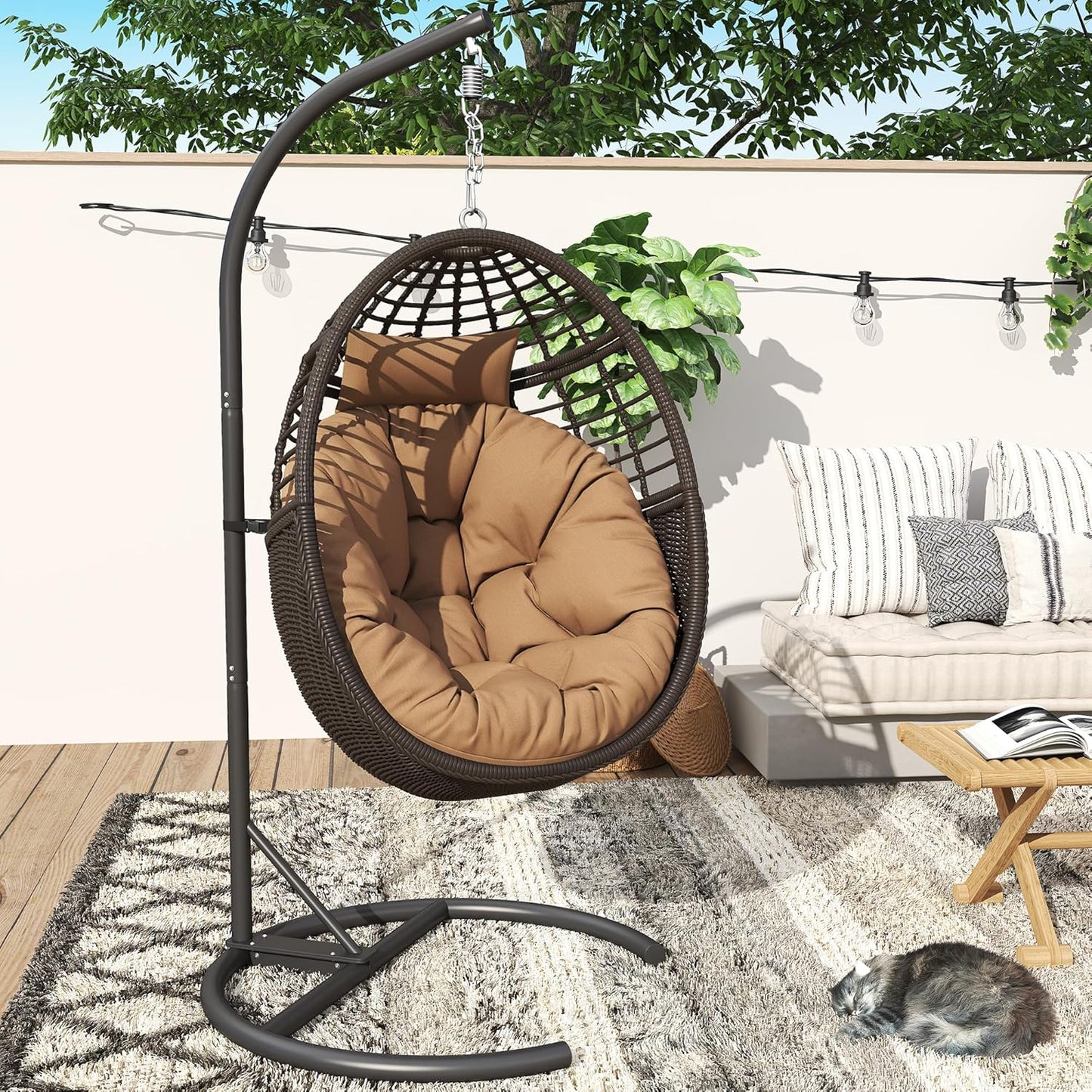 TWT Egg Swing Chair with Stand Rattan Wicker Hanging Egg Chair for Indoor Outdoor Bedroom Backyard Hammock Egg Chair with Metal Frame and UV Resistant Cushion 330lbs Capacity-Dark Brown