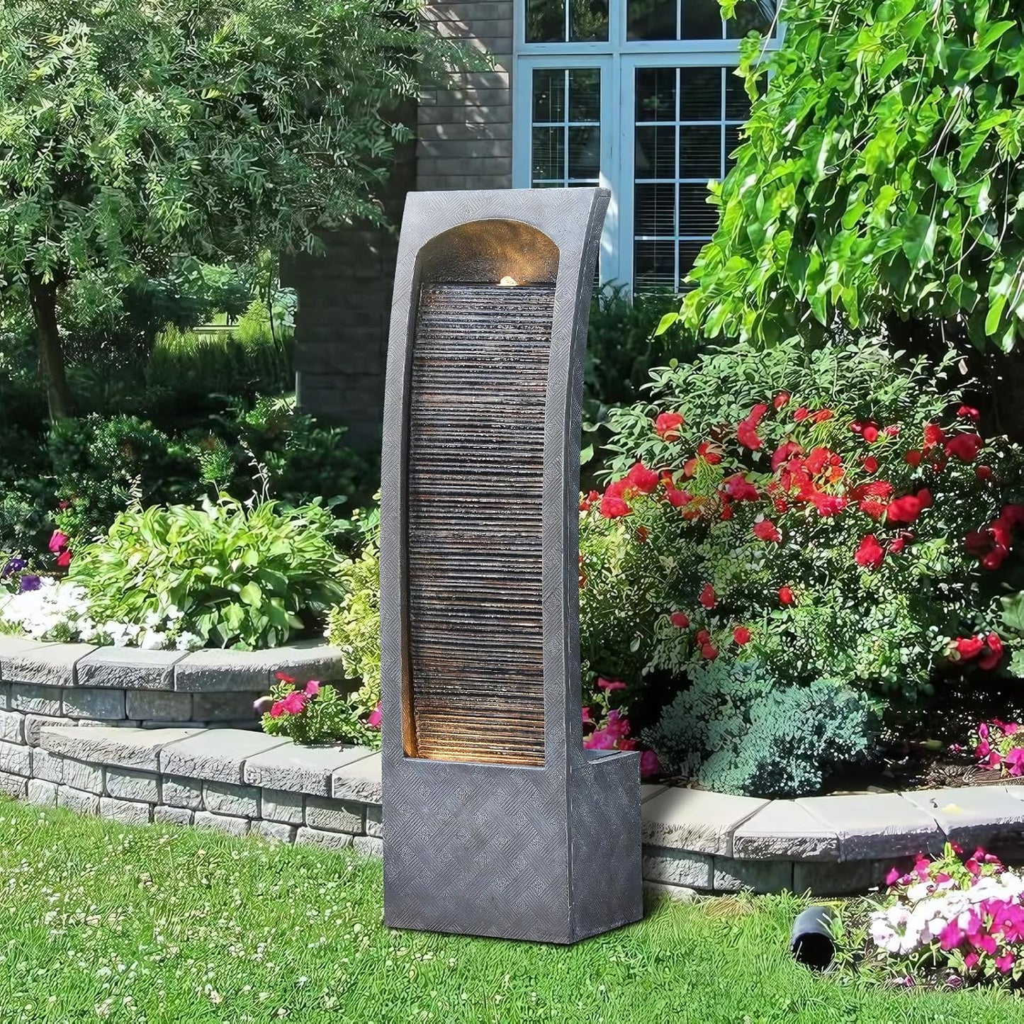 Indoor Water Fountain Curved Faux Slate Outdoor Waterfall Fountains Floor Standing Tiered Rock with LED Lights and Pump for Garden, Backyard, Deck, Patio, Porch and Home Art Decor