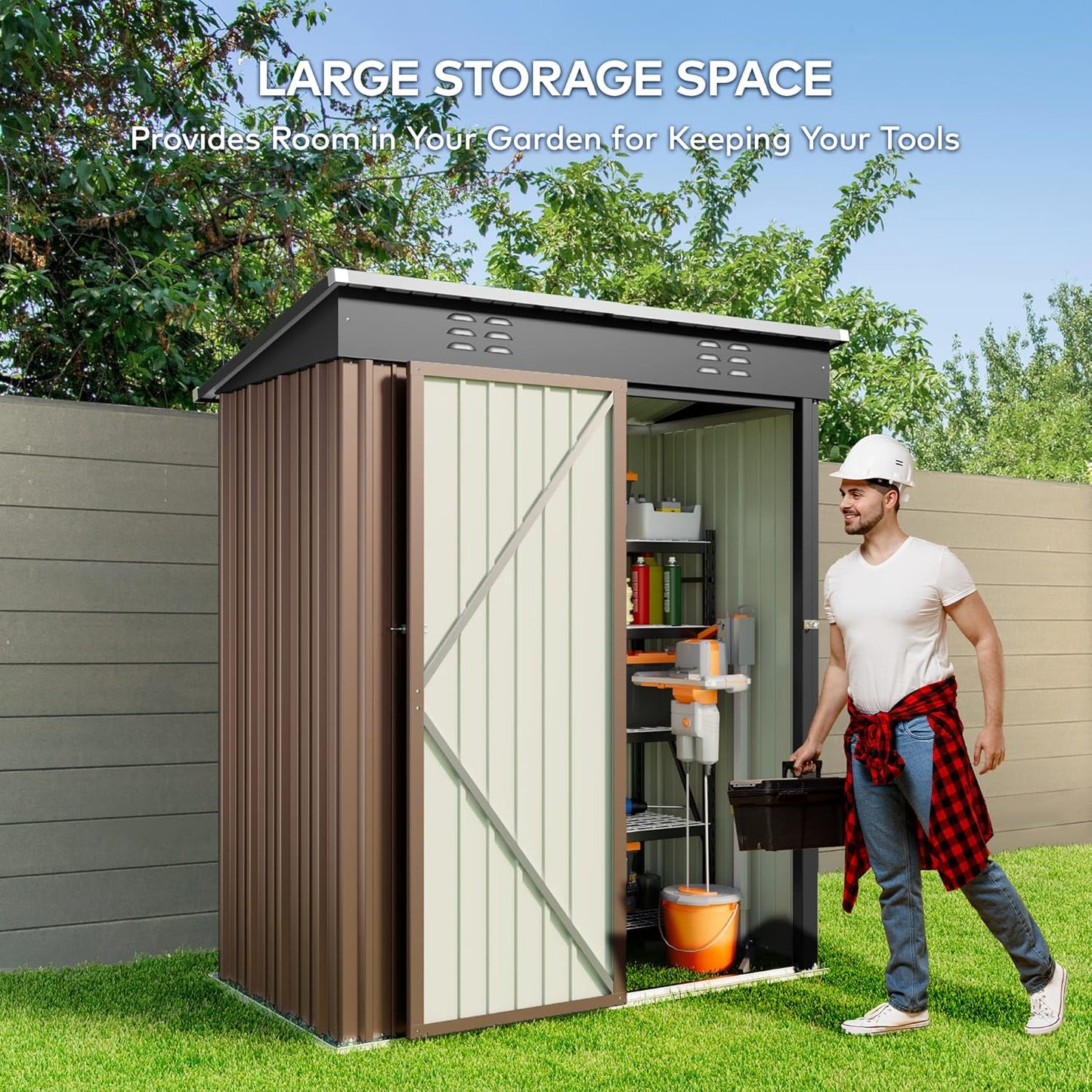 Gizoon 5' x 3' Outdoor Storage Shed with Singe Lockable Door,Galvanized Metal Shed with Air Vent Suitable for The Garden,Tiny House Storage Sheds Outdoor for Backyard Patio Lawn-Brown