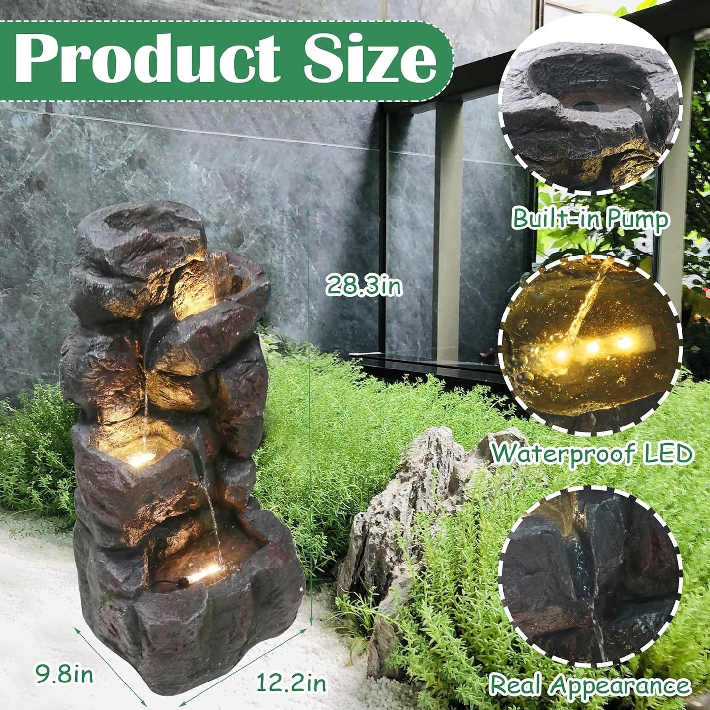 4-Tiers Cascading Rock Outdoor Water Fountain with LED Light, Standing Cascading Water Feature Faux Stacked Stones Waterfalls Decor for Garden Patio Yard and Lawn (Deep Grey)