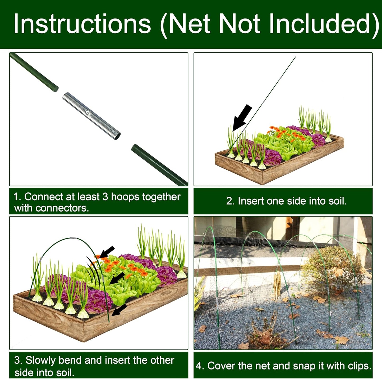 PHYEX Garden Hoops Greenhouse Hoops for Row Covers & Raised Beds, Rust-Free Fiberglass Frame, DIY Adjustable Garden Tunnel with Clips for Plant Covers, Netting, & Frost Protection, 30pcs