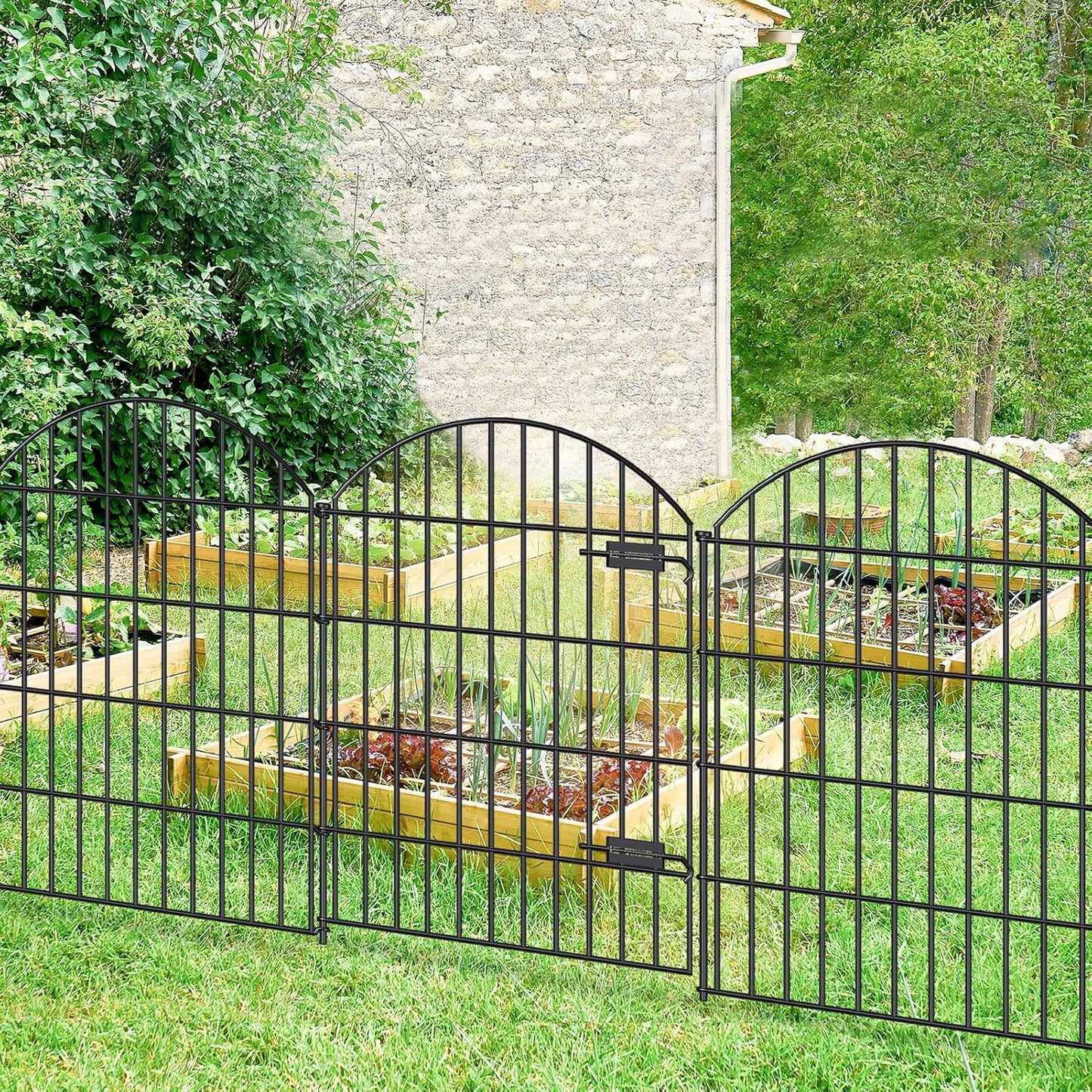 Metal Garden Fence with Gate 36in (H) x 18.7ft (L), 1 Gate+7 Panels Dog Fence Border Fence Animal Barrier, No Dig Garden Fencing for Yard Flower Bed Lawn Patio Outdoor,ECG3508,Black