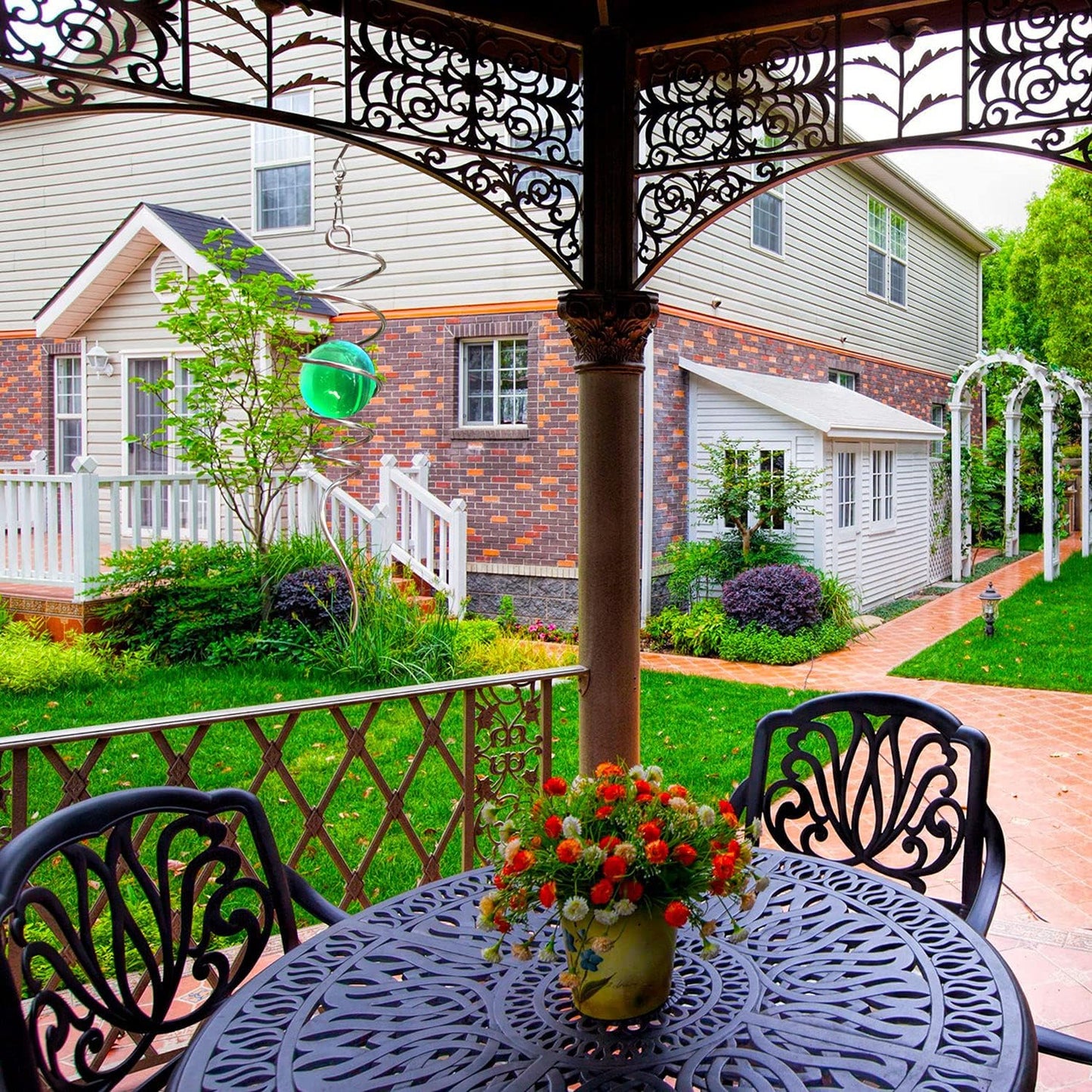 FONMY Gazing Ball Spiral Tail Wind Spinner Stabilizer with Swivel Hook 11inch Stainless Steel Tail and 2 inch Green Glass Orb. Indoor Outdoor Garden Decoration Hanging Ornaments 13 inch Height