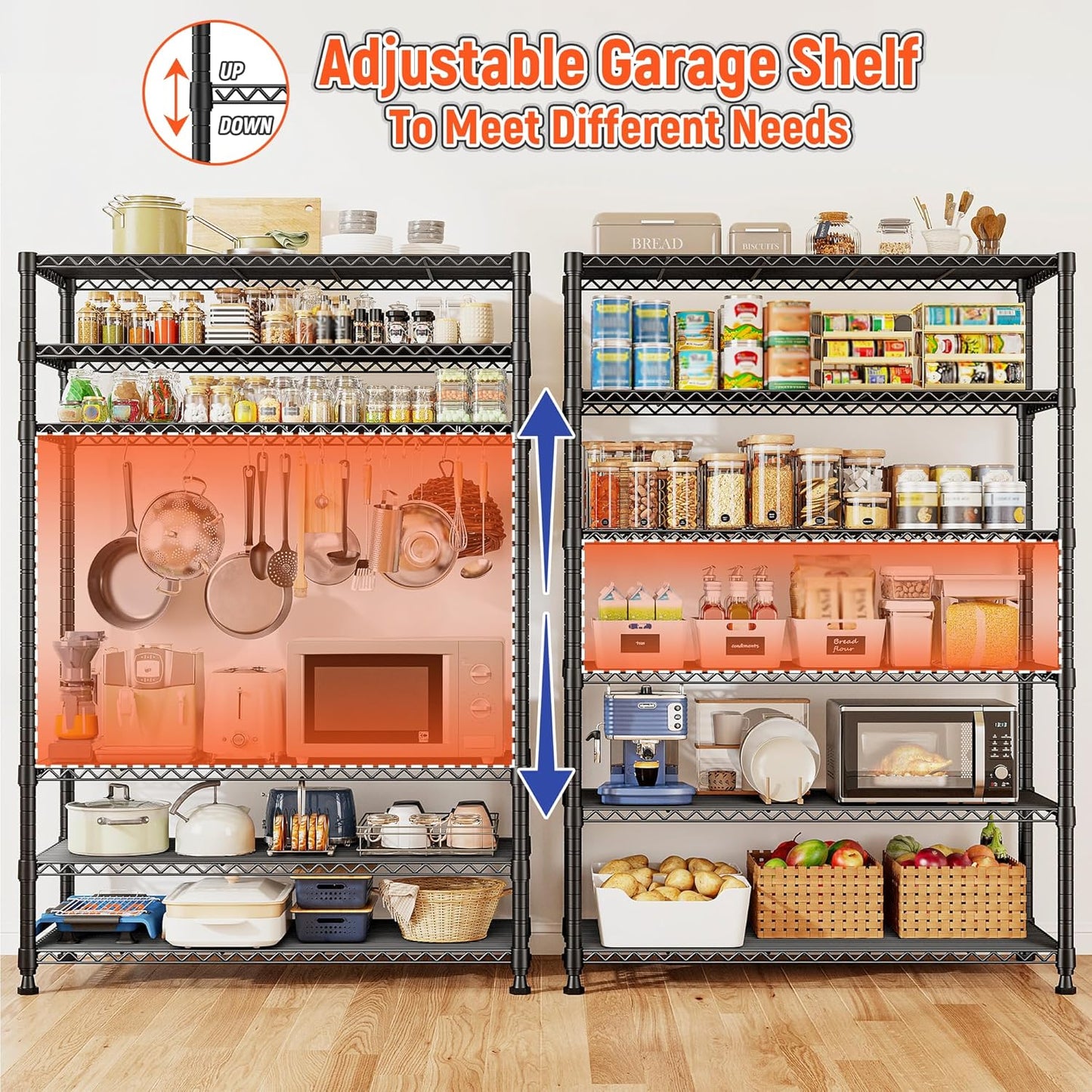 REIBII 75" H Metal Shelving 6 Tier Storage Shelf Adjustable Kitchen Shelf Wire Shelving Unit Detachable Storage Rack for Kitchen Laundry Living Room Commercial Heavy Duty Metal Shelf 75" X35" X14"