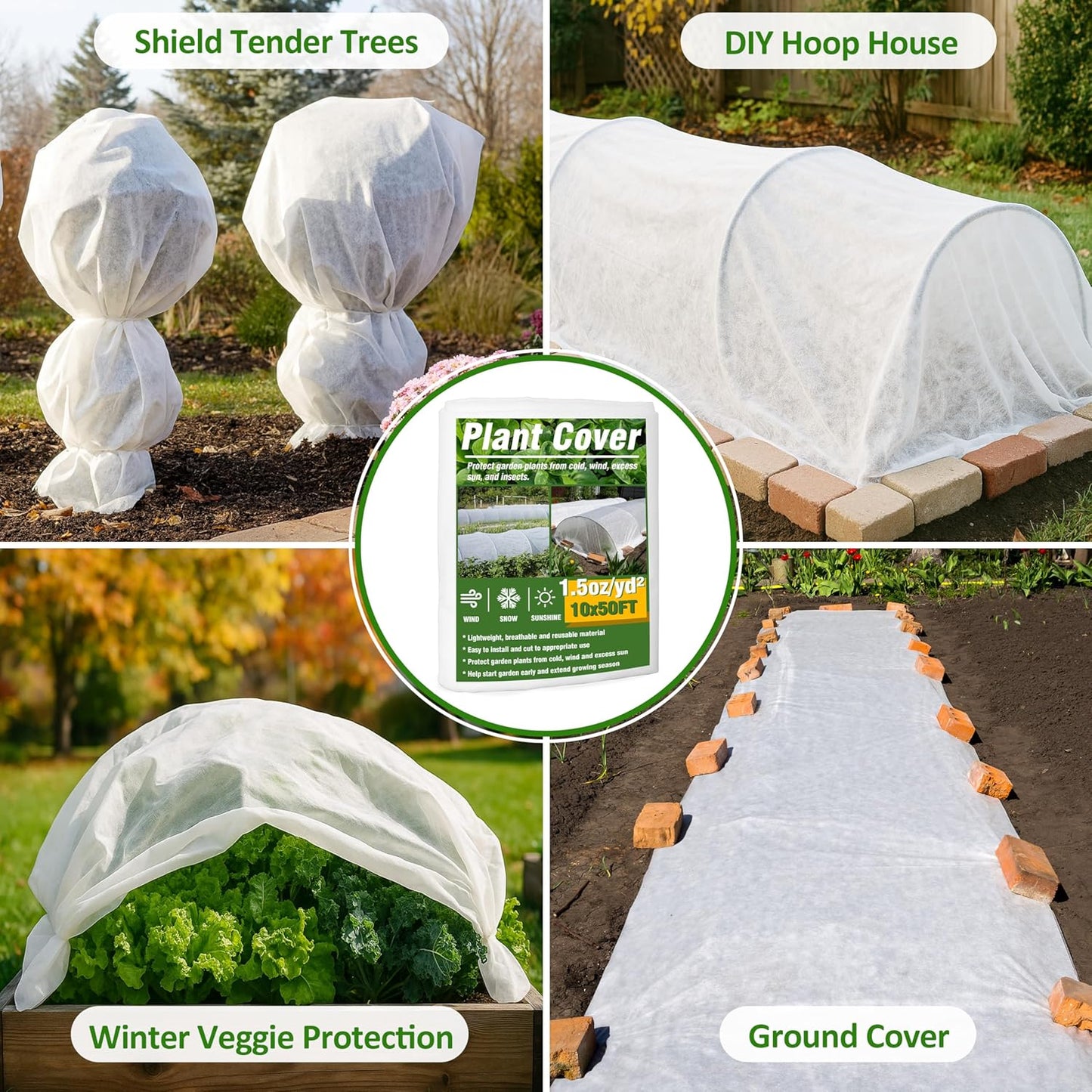 Gardzen 1.5 oz Plant Covers Freeze Protection, Reusable 10ft x 50ft Floating Row Covers, Thicker Frost Blankets for Outdoor Plants, Pests Protection, White