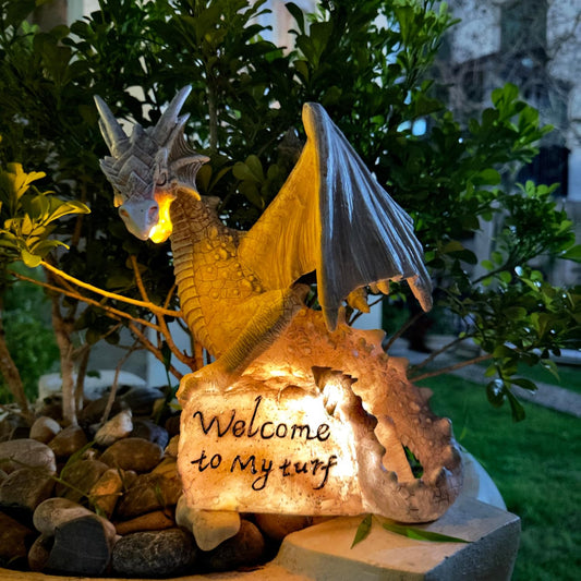 Garden Large Dragon Statue Solar Powered Outdoor Figurine Light The Dragonfire Welcome to My Turf Sign Big Resin Sculpture Home Decoration Housewarming Ornament Unique Gift
