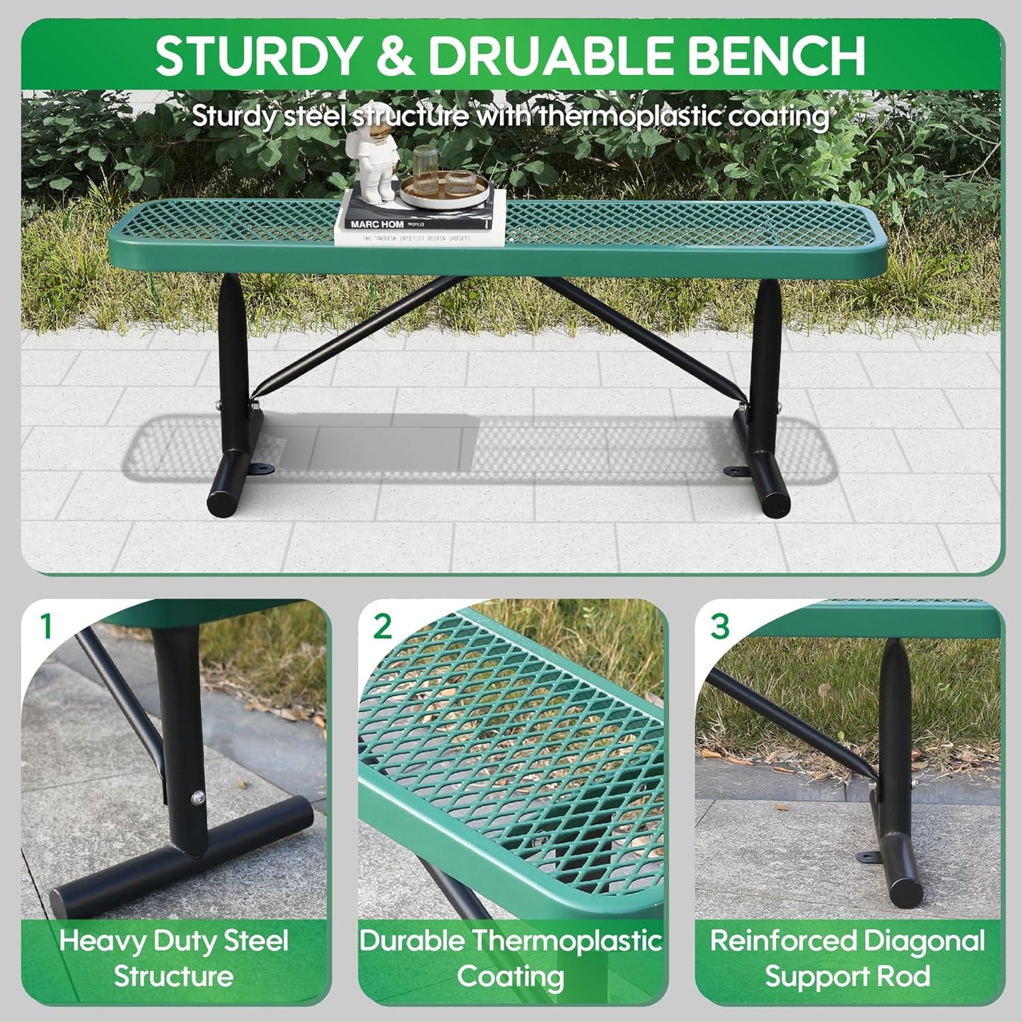 4 Feet Heavy Duty Metal Park Bench for Outside, Outdoor Bench with Portable Frame, Commercial Benches for Shopping Mall, Store, Park, Patio, Deck, Green