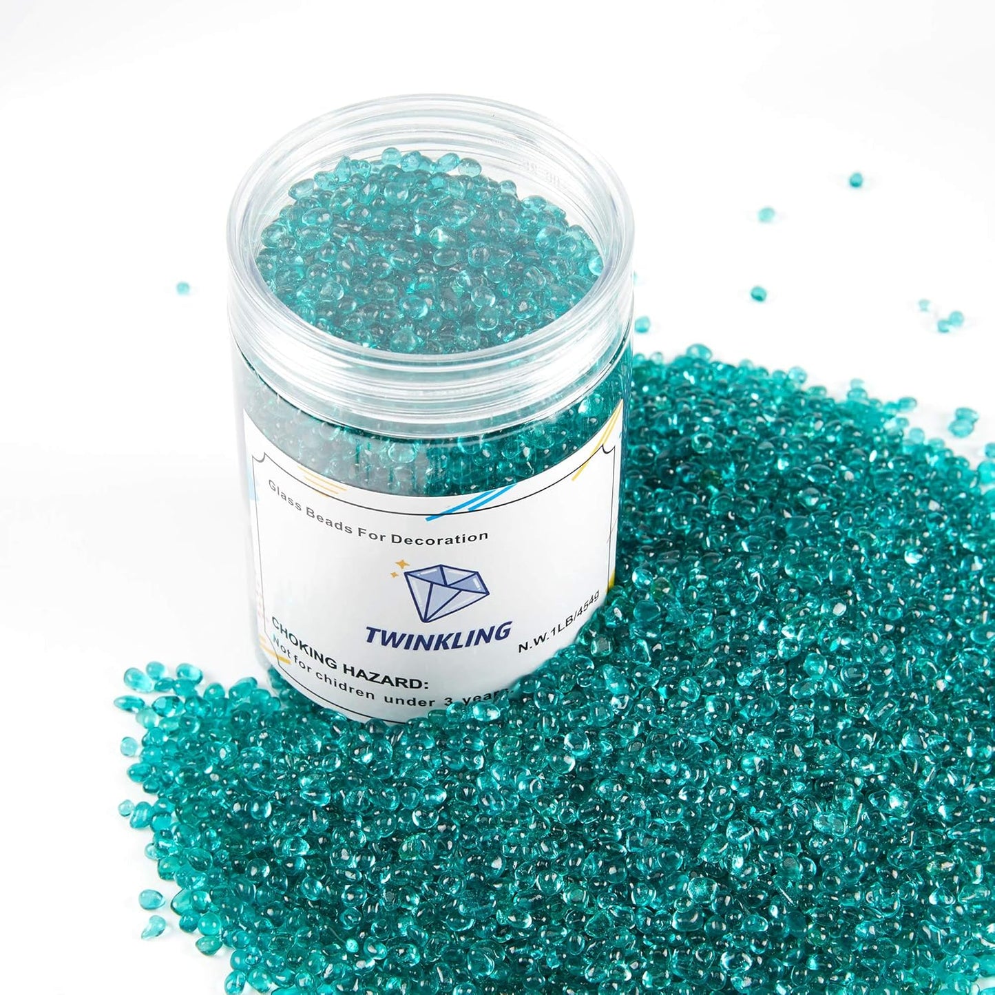 TWINKLING High Luster Round Fire Glass Stones,Glass Marbles Pebbles,Glass Beads Gems for Fire Pit Vase Fillers Crafts Aquarium Garden Decoration,3-6mm,1-Pound Jar (Turquoise)