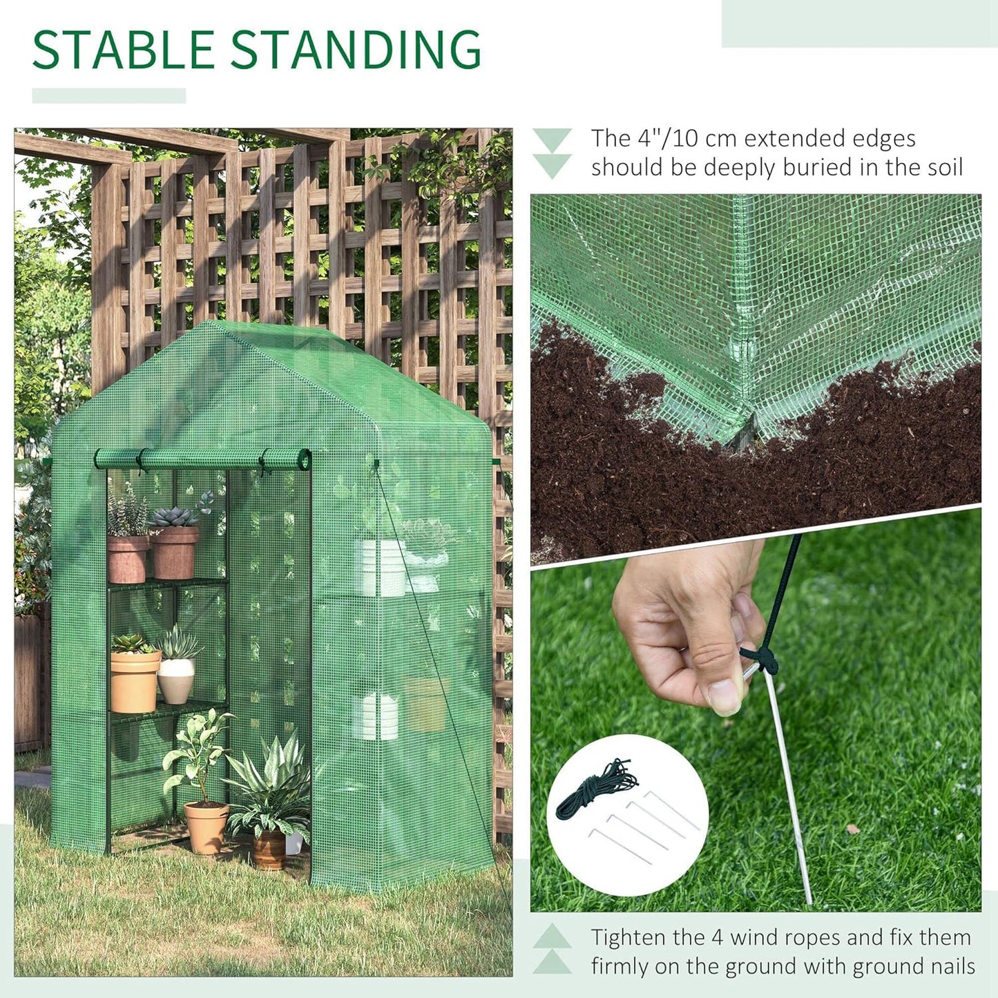 Outsunny 5' x 2.5' x 6.5' Mini Walk-in Greenhouse Kit, Portable Green House with 3 Tier Shelves, Roll-Up Door, and Weatherized PE Cover for Backyard Garden, Green