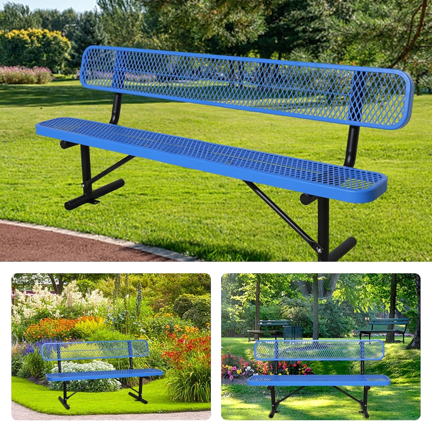 4/6/8 Feet Park Bench for Outside Heavy Duty Metal, Garden Benches Outdoor Bench with Backrest & Portable Frame, for Shopping Malls Stores Parks Patios Decks, Blue