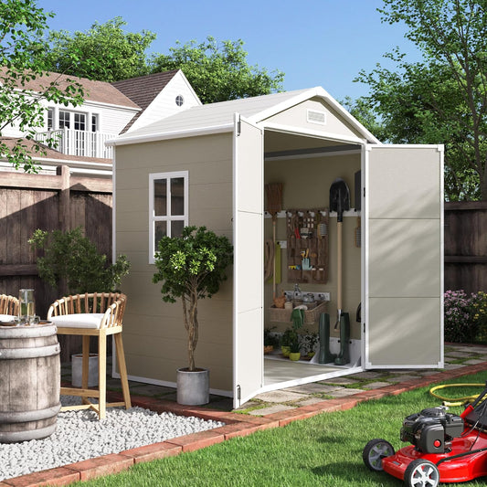 UDPATIO Outdoor Storage Shed 6x4.5 FT, Plastic Resin Outside Sheds & Outdoor Storage for Trash Can, Bike, Lawnmower, Generator, Tool Shed with Lockable Door for Backyard, Lawn, Patio, Sandstone