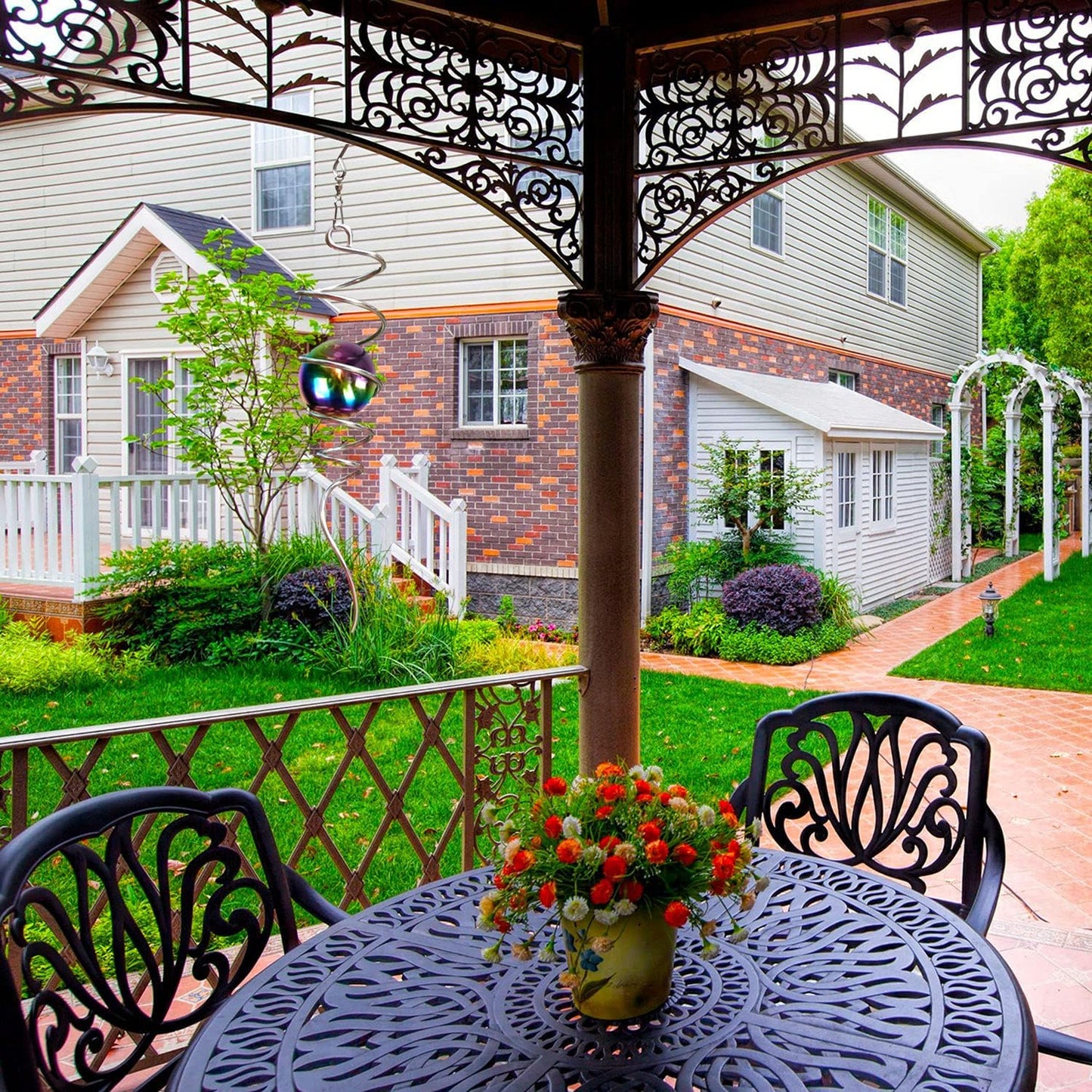 Fonmy Gazing Ball Spiral Tail -Decorative Wind Spinner 11 inch Tail and 2 inch Steel Orb. Indoor Outdoor Garden Decoration Silver Multi Color Ball -13 inch Height