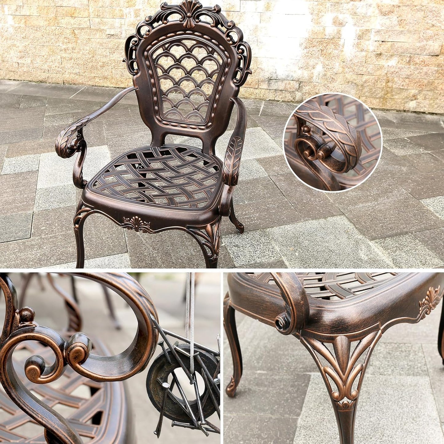 Outdoor Dining Chair Cast Aluminum Patio Chairs Set of 2 All-Weather Patio Dining Chair with Adjustable Feet for Backyard Garden (Barbecue Chair)