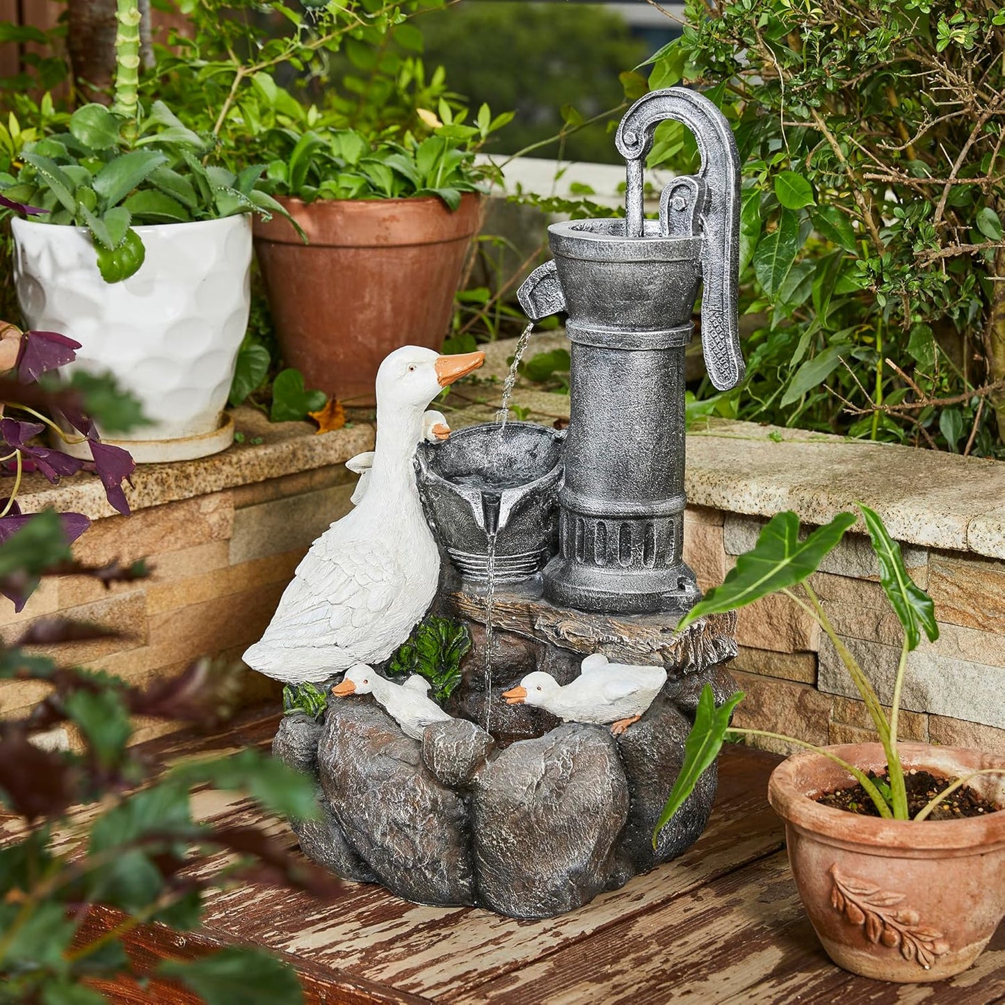 Glitzhome 24" Farmhouse Duck Outdoor Fountain with LED & Pump – 2-Tier Cascading Water Fountain for Outside Garden Decor - Rustic Waterfall for Backyard, Garden, or Patio Decor