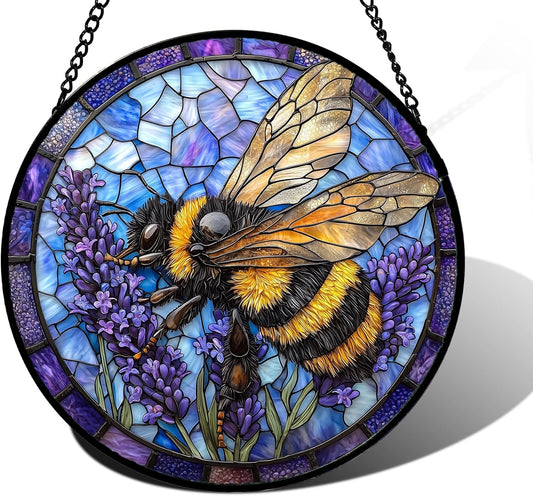 Stained Glass Window Hanging, Bee Lavender Sun Catchers Diamond Glass Panel Hangings Insect Suncatcher Decor for Birthday for Women, Men, Wife, Aunt, and Mom 11.8x11.8 in
