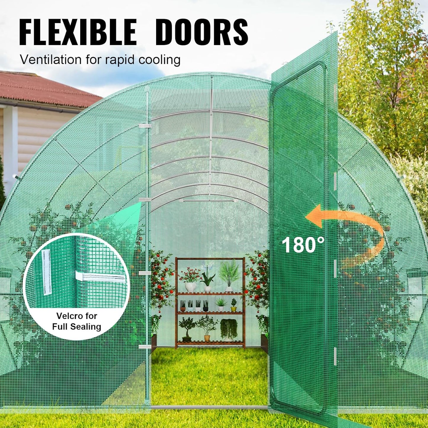 VEVOR Walk-in Tunnel Greenhouse, 27.4x9.5x7.4 ft Hoop House Greenhouse Tunnel, Plant Hot House with Galvanized Steel Frame, Green PE Cover, Swing Door and 16 Roll-up Windows for Outdoor