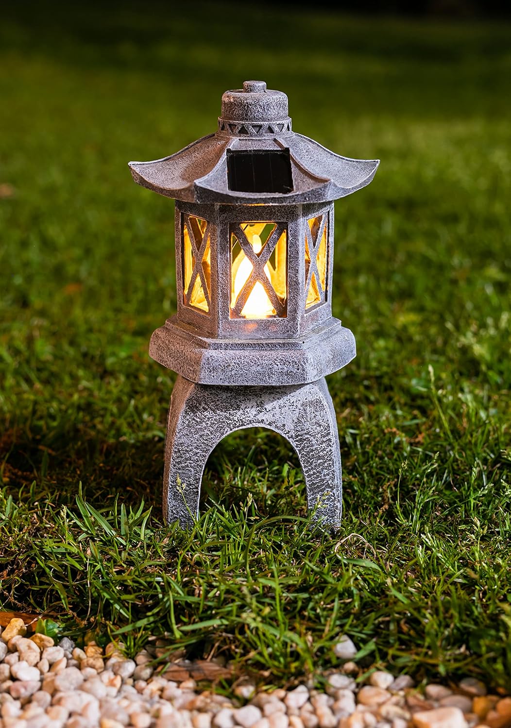VP Home Solar-Powered Pagoda Garden Statues - Japanese Zen Lantern Outdoor Decor with Flickering LED Light - Durable Polyresin for Yard, Patio, or Garden - 12 x 7 x 6 Inches (Zen Garden Pagoda)