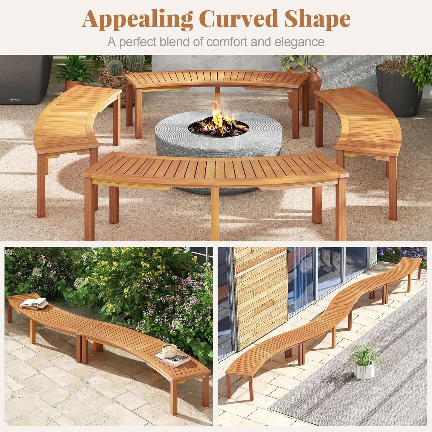 Tangkula Outdoor Curved Bench, Acacia Wood Fire Pit Bench w/Slatted Seat, Patio Backless 2-Person Seating for Porch, Yard, Garden, 800 LBS Max Load, Oil Painted (1, 58")