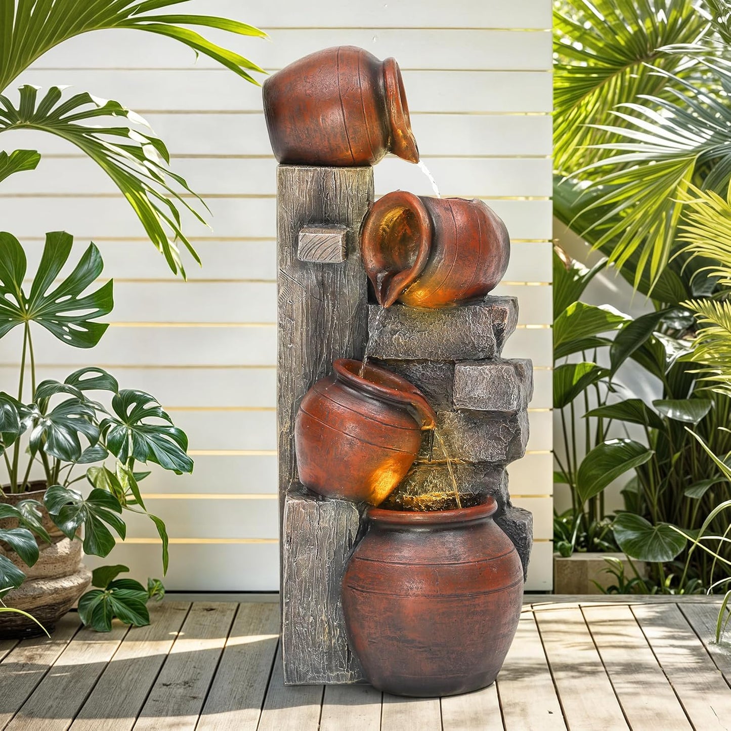 31.5" H Outdoor Water Fountain with LED Lights and Pump, Cascading Pitchers Farmhouse Garden Fountain Waterfall for Patio, Porch, or Yard