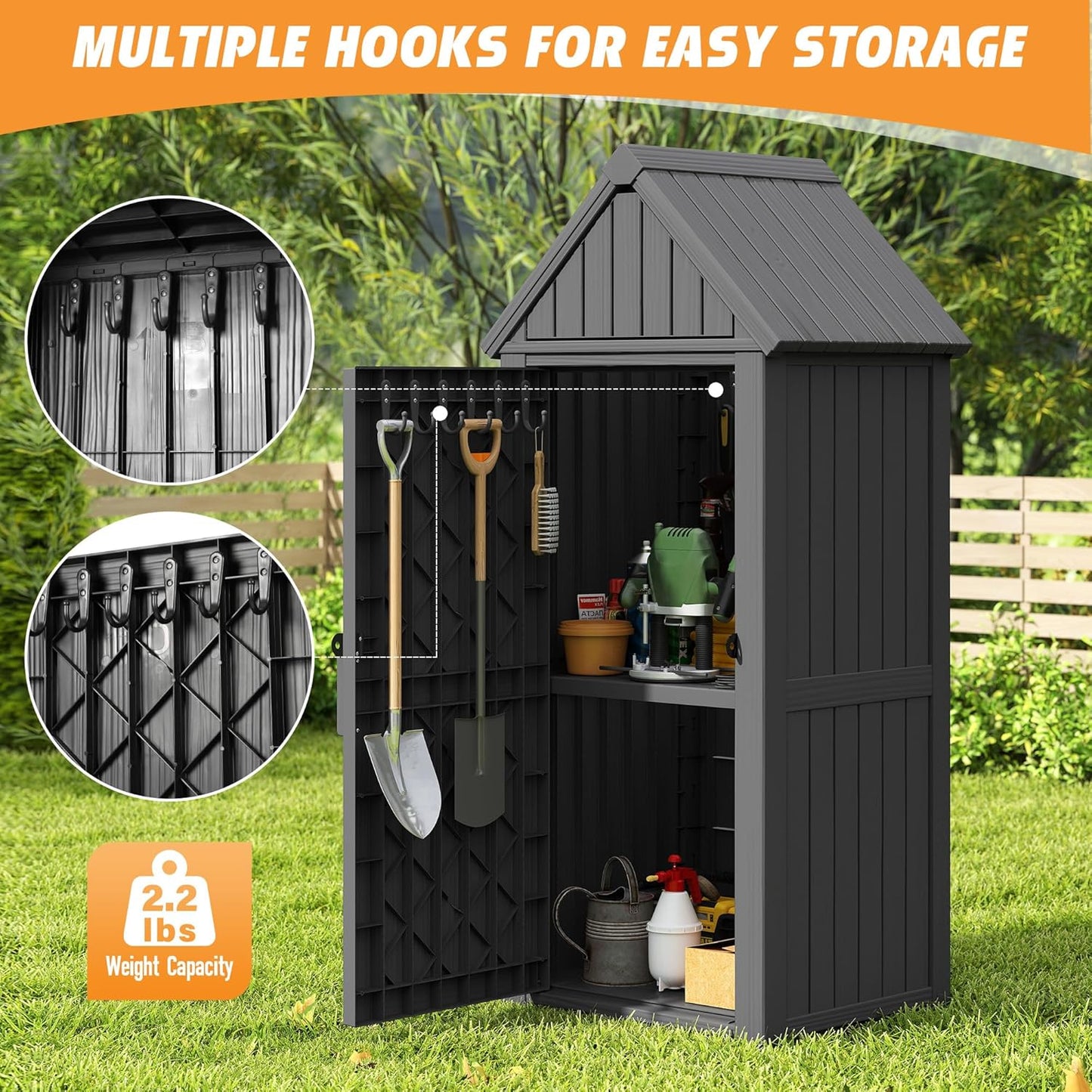 Shed Outdoor Storage Shed with Sloping Roof and Lockable Door, Resin Outdoor Storage Box Cabinet Waterproof and Multiple Hooks for Backyard, Patio, Poolside, Black