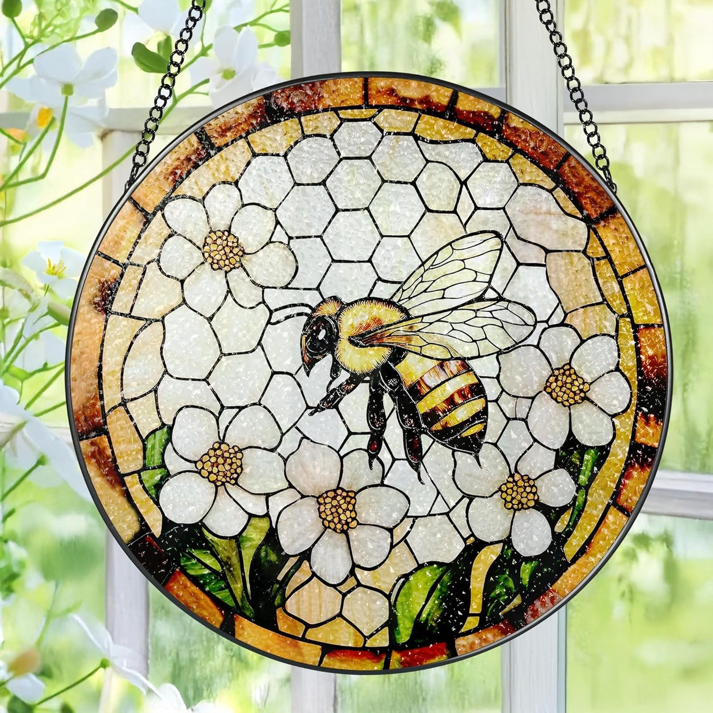 Bee Wildflowers Stained Glass Suncatcher, Stained Glass Window Hanging, 8 Inch Honey Bee Suncatcher, Honeybee Gifts for Garden Lovers, Gifts for Mother's Day, Teacher Gift, Grandma Gift