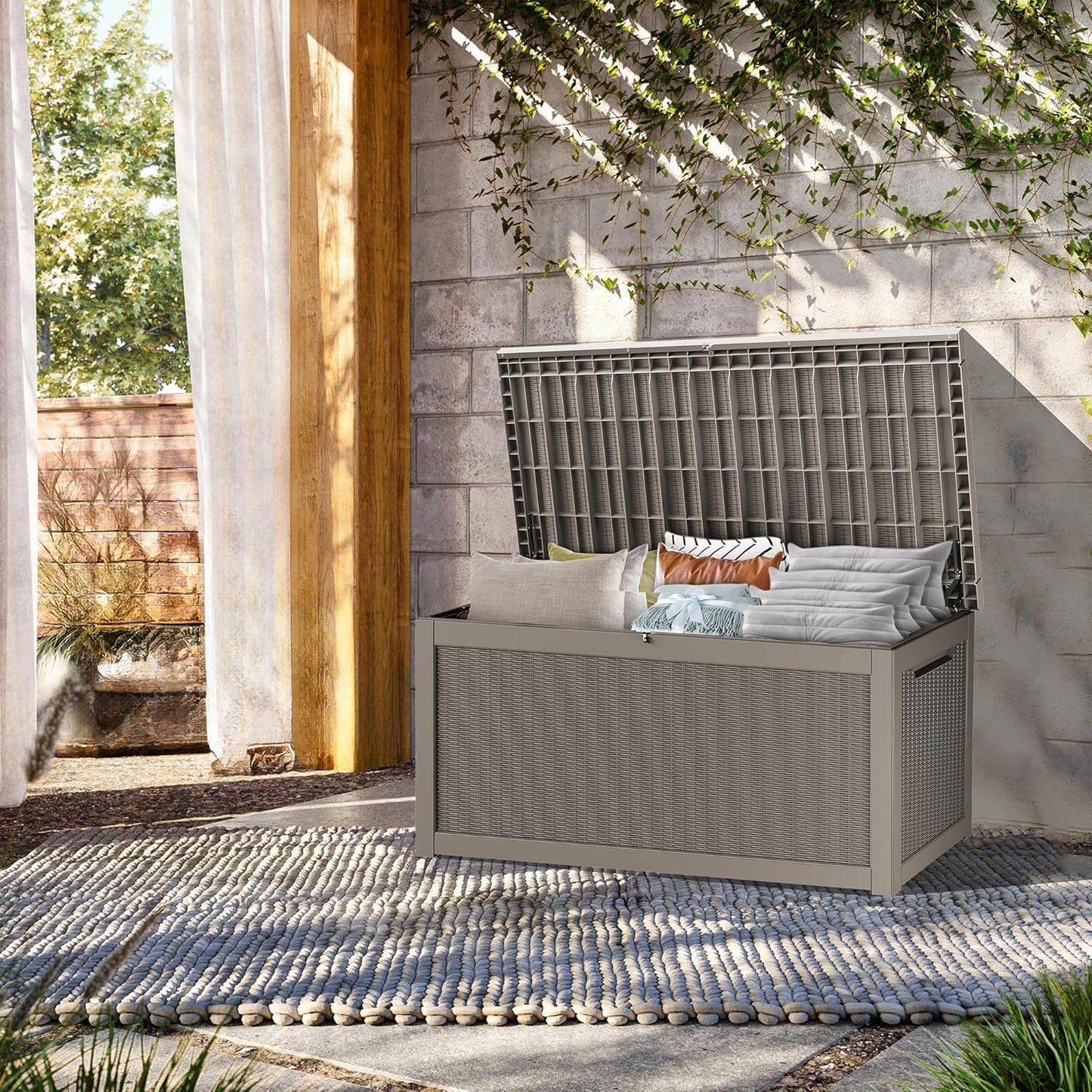 320 Gallon Lockable Resin Deck Box, Waterproof & UV-Resistant Outdoor Storage Box for Outdoor Cushion Storage, Garden Tools & Pool Accessories Storage, Gray