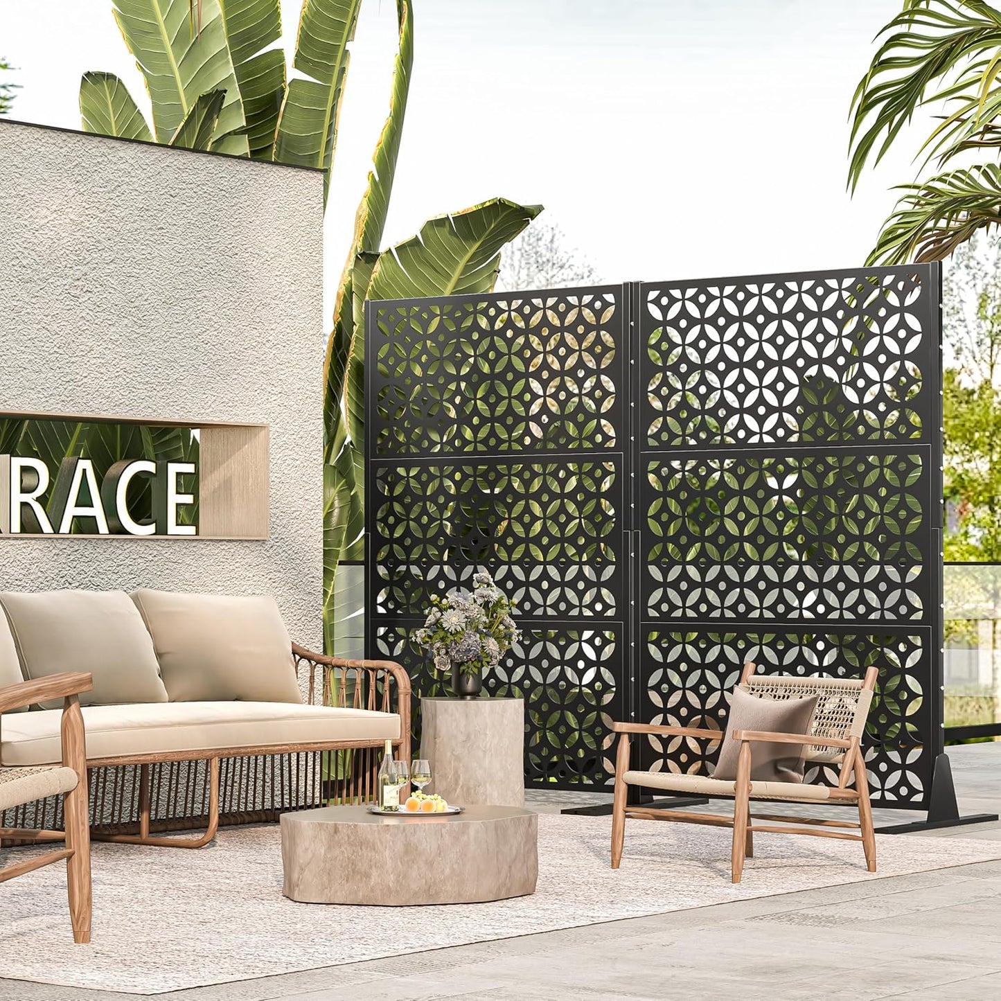 Metal Privacy Screen Outdoor, 72" H Freestanding Privacy Fence with Sturdy Stands, Decorative Privacy Panels Shield for Courtyard, Balcony, Garden and Other Indoor Places (Cross-Shaped)