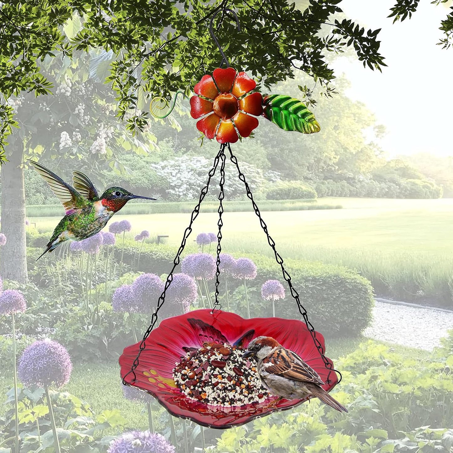 Hanging Bird Bath Glass BirdBath Hummingbird Outdoor Bird Feeder Garden Yard Decorations