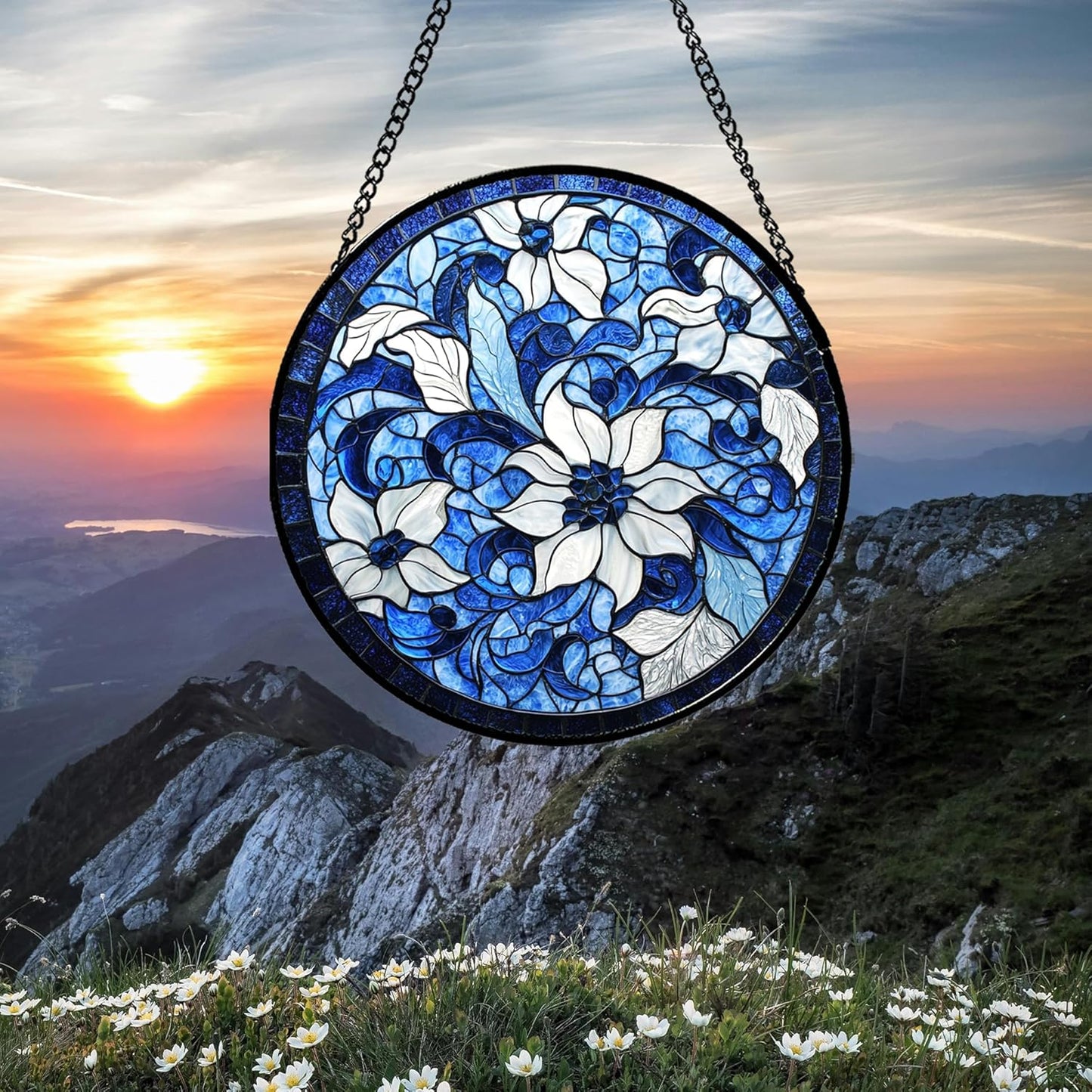 Stained Glass Window Hanging - Blue White Flowers Suncatcher for Doors Garden Patio Boho Style Sun Catchers Decor Christmas Mother's Day Birthday Gifts for Women Men Mom Nana Friend 9.8 in
