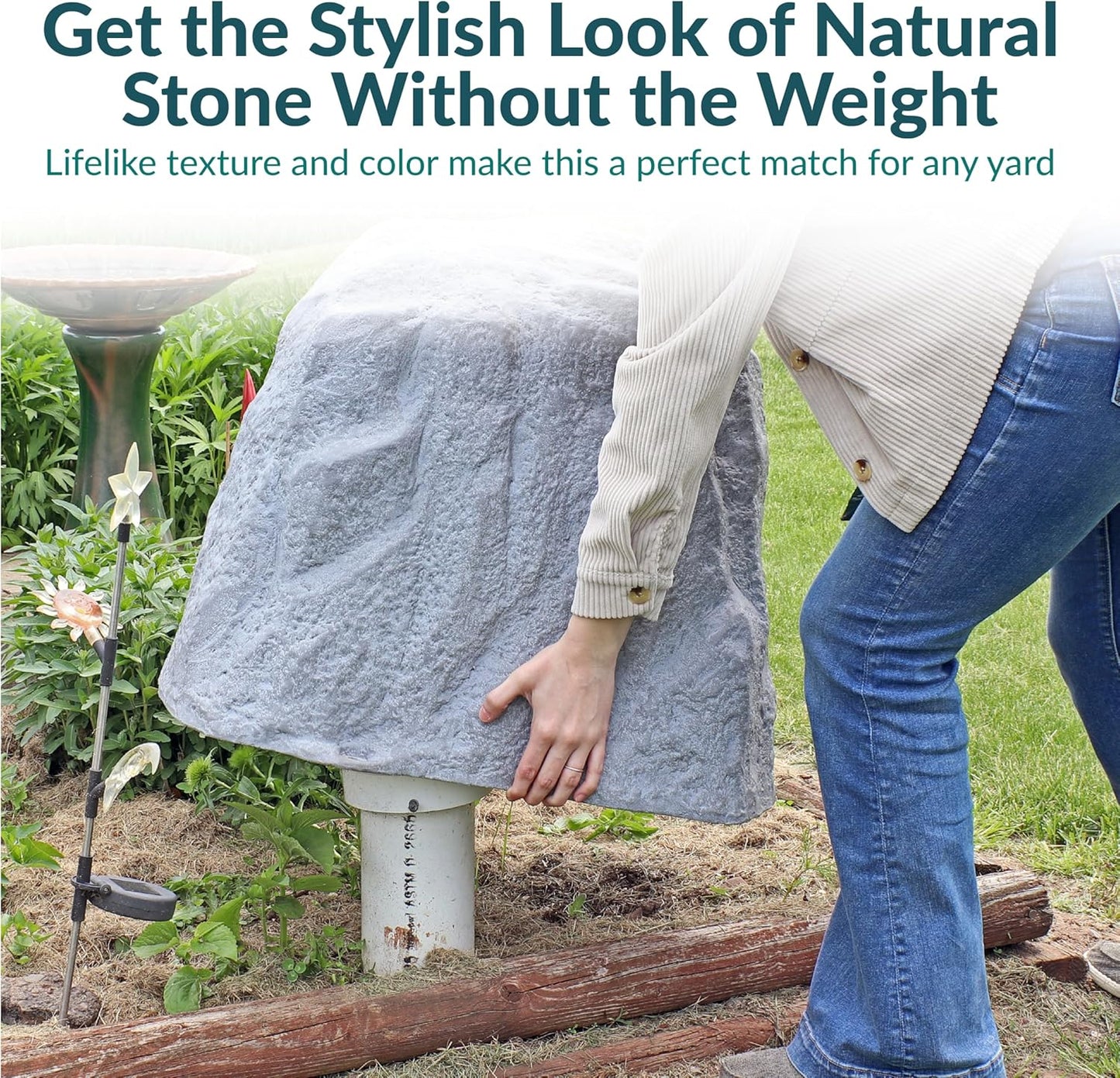 Sunnydaze Gray Decorative Landscape Rock Sculpture - Polyresin Well Cover, Septic Tank Artificial Stone - Set of 2 with Stakes