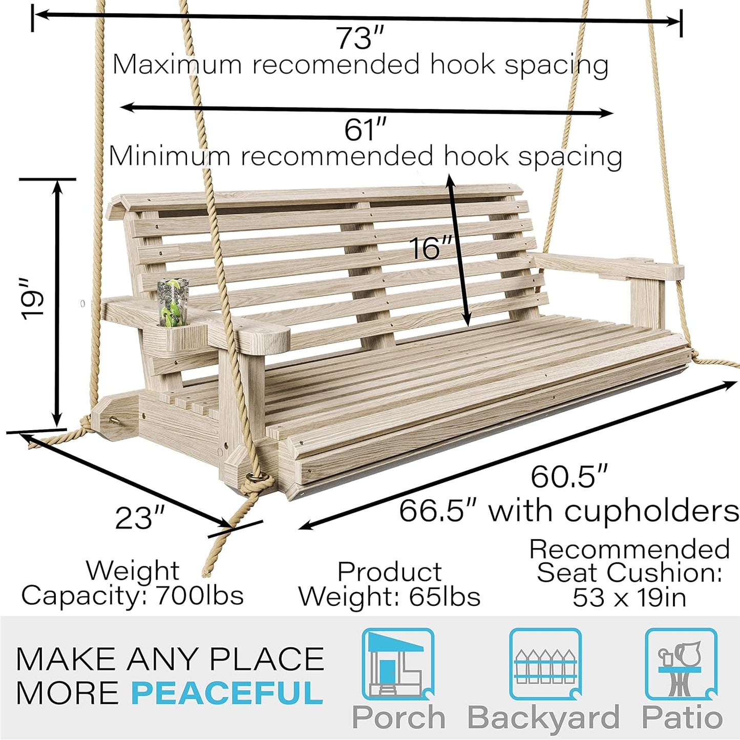 Porchgate Amish Heavy Duty 800 Lb Roll Comfort Treated Porch Swing W/Ropes (5 Foot, Unfinished)