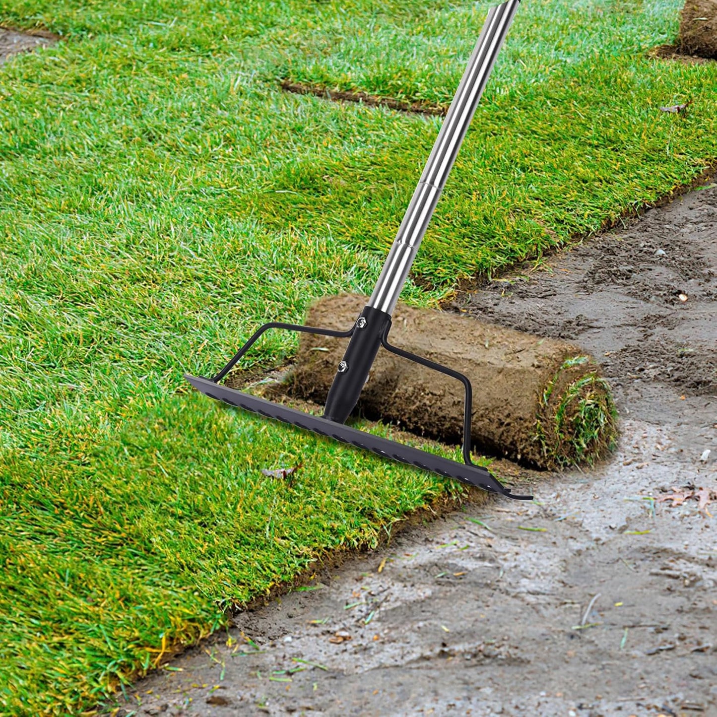 15 Inch Wide Bow Rake, 16 Steel Tines Metal Head Rake Tool with Stainless Steel Handle, Adjustable Long Handle Garden Rake for Loosening Soil Leveling Mulch Gathering Lawns Leaves