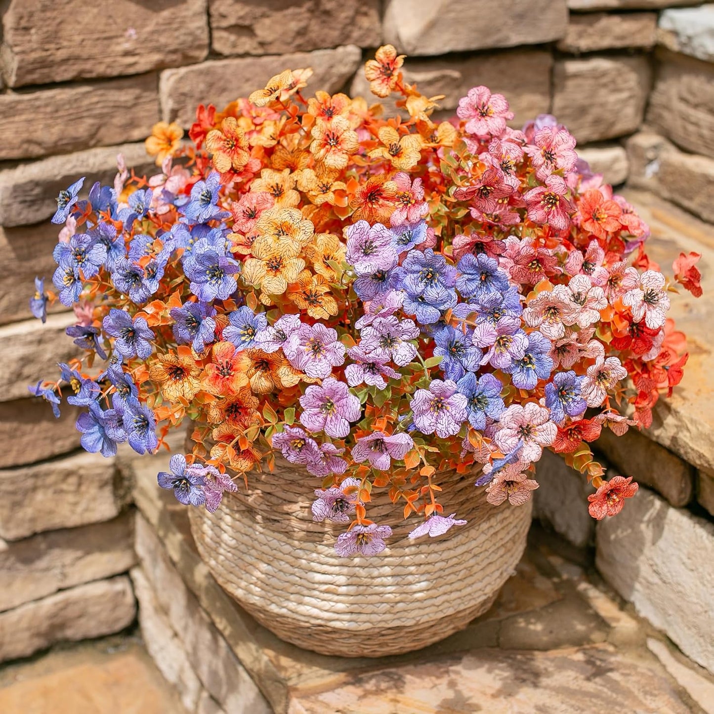 Artificial Fall Flowers Faux Mums for Outdoor Indoor Garden Home Decoration, Faux Flower Daisy with Eucalyptus Leaves Fake Plants Greenery Boxwood Porch Patio, 12 Bundles (6 Fall Multicolor)